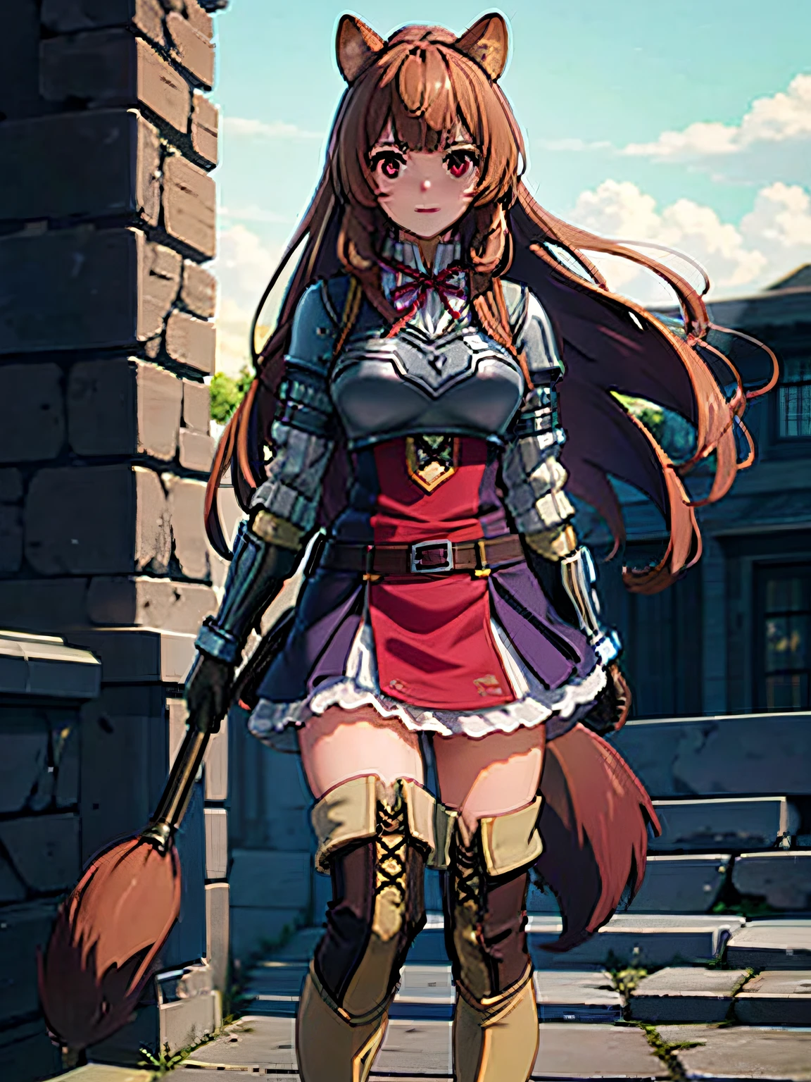 chromatic aberration, depth of field, soft lighting, masterpiece, best quality, @LORA-TAG@, Raphtalia, 1girl, solo, long hair, looking at viewer, bangs, skirt, on inn, brown hair, red eyes, thighhighs, long sleeves, animal ears, standing, full body, belt, armor, floating hair, thigh boots, brown footwear, brown gloves, legs apart, raccoon ears, raccoon tail, tail, raccoon girl