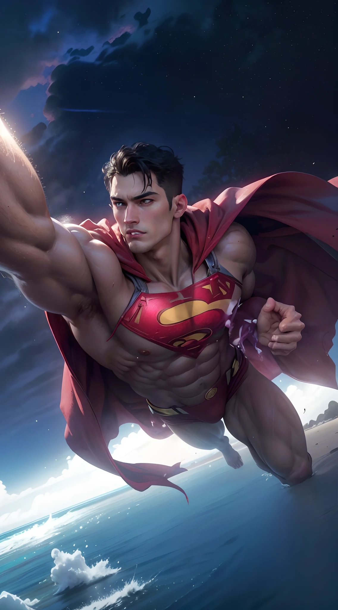 8K, Best Quality, Masterpiece, Ultra High Definition, (Realistic: 1.4), Original Image, (Realistic Skin Texture: 1.3), (Film Grain: 1.3), (Selfie Angle), 1 Guy left, (Superman), Short Hair, Black Hair, Big Beautiful Eyes and Face Detail, Masterpiece, Best Quality, Close Up, Toned Body, Perfect Muscles, Exposed Chest Muscles, Body 6 , Hairless, Shirtless, Red robe, (Red briefs), (red briefs), (Summer, Beach, Ocean water, Water, Trees, Blue sky, White clouds, Sunlight)