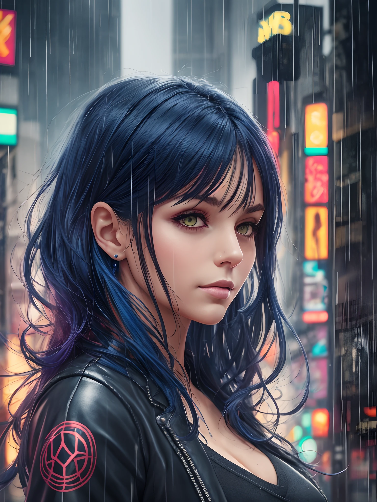 full portrait of actress, long dark blue hair, cyberpunk black clothes, background of rainy day at Cotopaxi, highly detailed --auto --s2