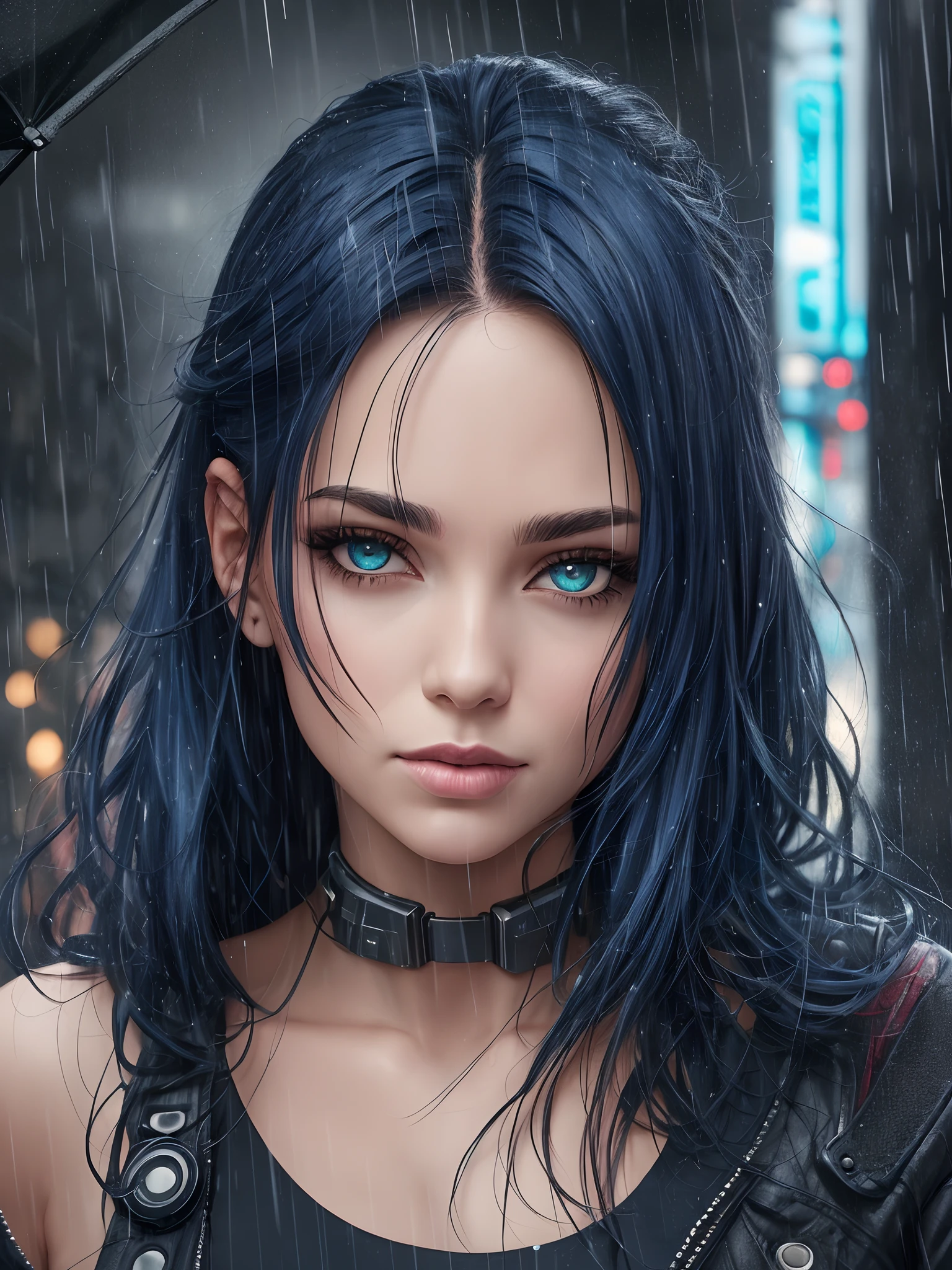 A woman with blue hair and a black top is standing in the rain - SeaArt AI