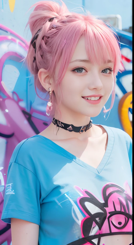 (ultra-detailliert), Black Psychedelic Shirt、Blue eyes,The upper part of the body、a closeup、18year old、faces、(A smile:1.5),(facing front:1.2),(masutepiece:1.3, Best Quality, Photorealistic, Ultra-detailed, Finely detailed, High resolution, 8K Wallpaper), 1 beautiful girl, Beautiful face, Detailed face, Beautiful eyes, Detailed eyes, Looks fun、Smiling, earrings, Necklace, Only 1 person,Pink Hair Medium Hair, (Pink hair), Ear Hair, small tits, Single braid, (Single braid), (Side braid),on a stage, Spotlight, small tits、Denim shorts, Choker, (Graffiti:1.5), Paint Splatter, arms behind back, Against Wall, Looking at Viewer, arm band, Thigh strap, paint on body,