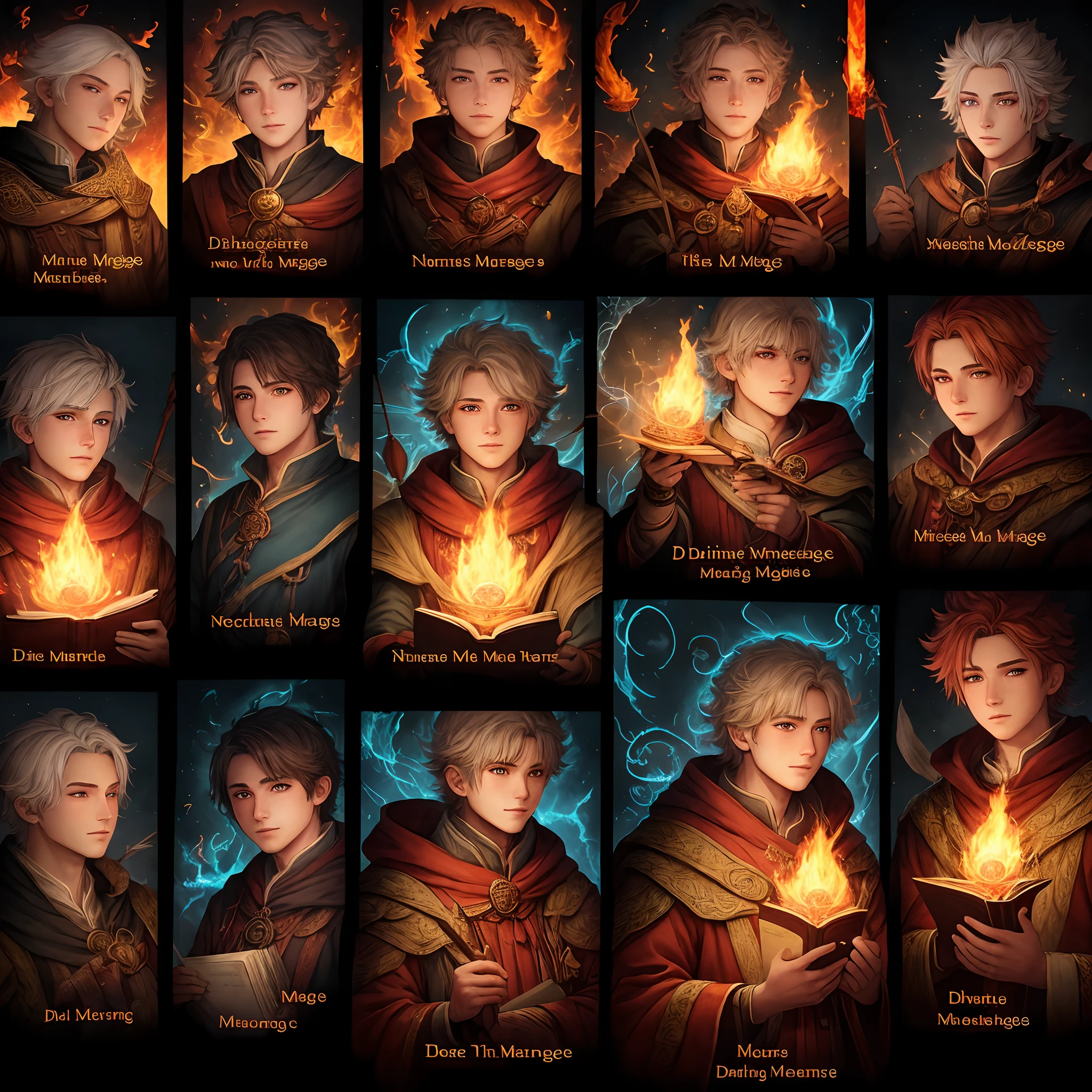 Fire mage, divine boy, scholar, seer, archer, lovely