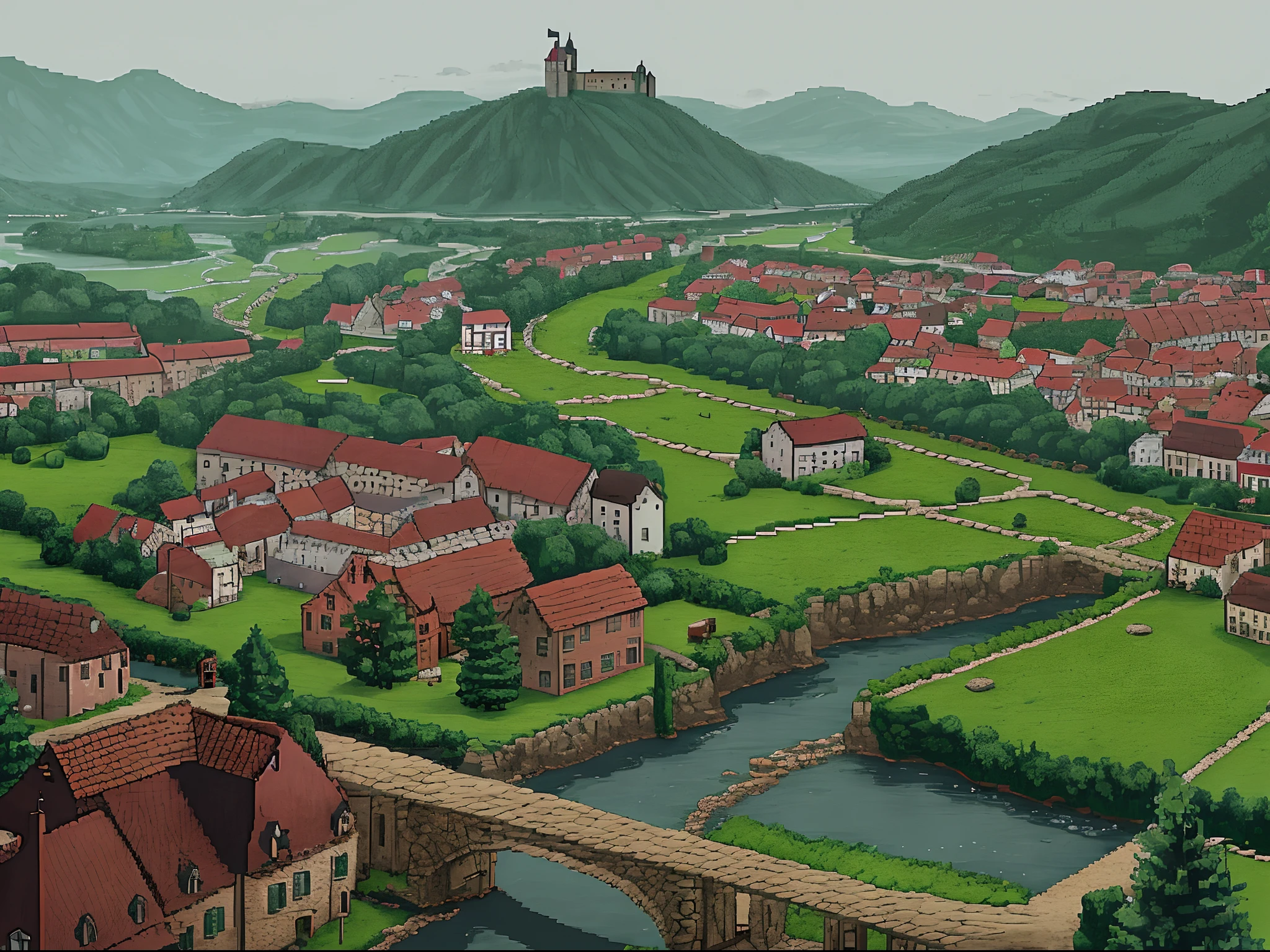 pixel art, horror retro game, view of a small village from the monstauis, the village is eerie and damp, a river cross the village and it looks like somewhere in teastern europe, no people around, night time