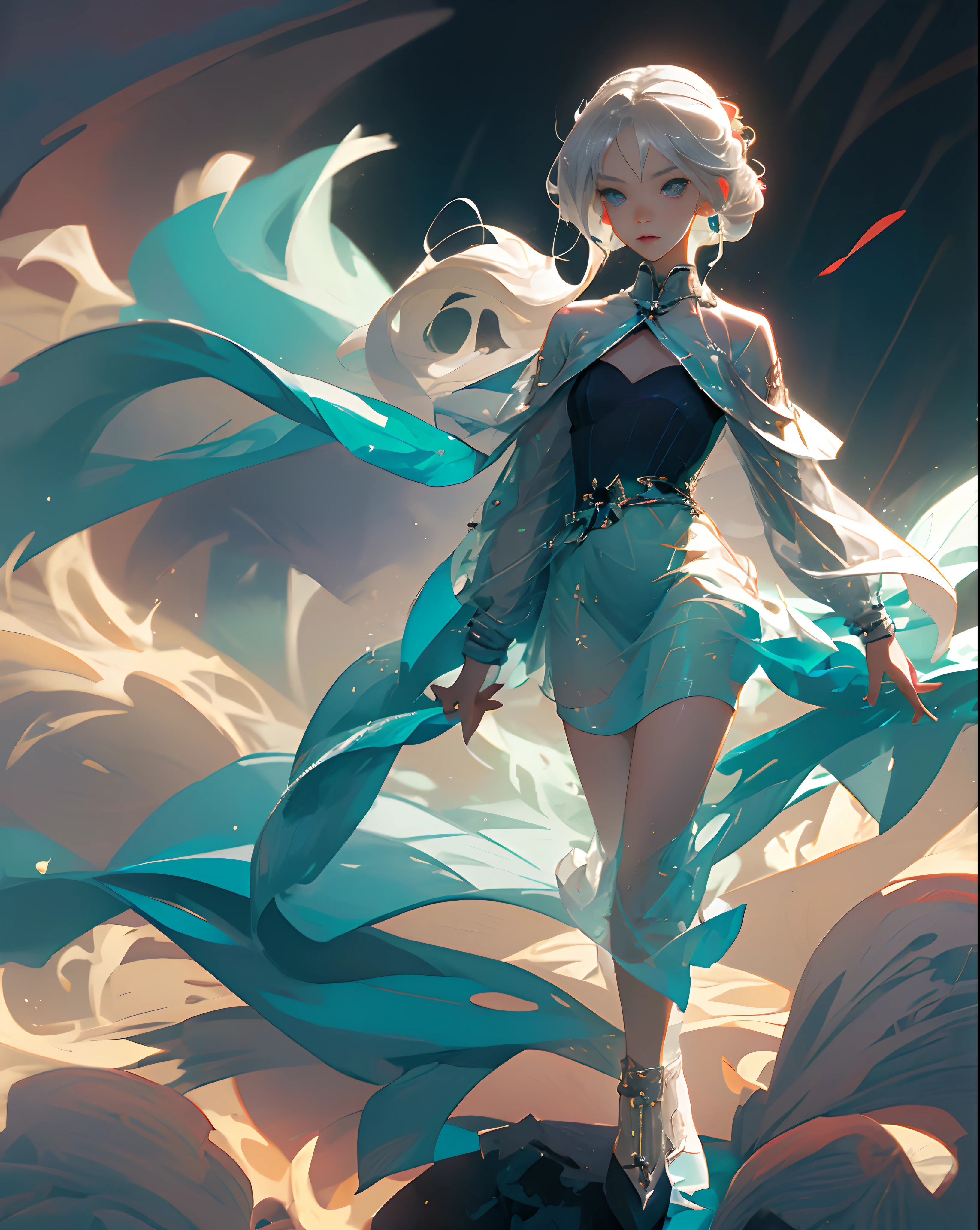 Beautiful young anime girl, silver dress, petite and seductive, scholar, wind magic, dark