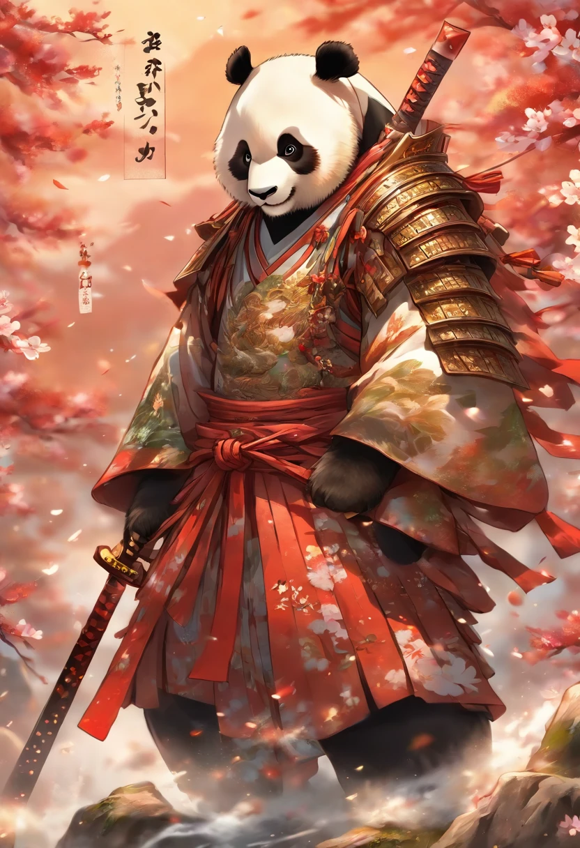 ((((A brave and noble panda boy samurai warrior)))) wearing highly detailed white samurai armor, wearing a sashimono war flag on his back, sengoku period, highly detailed background, cherry blossoms blowing in the wind, perfect masterpiece, high quality, high resolution