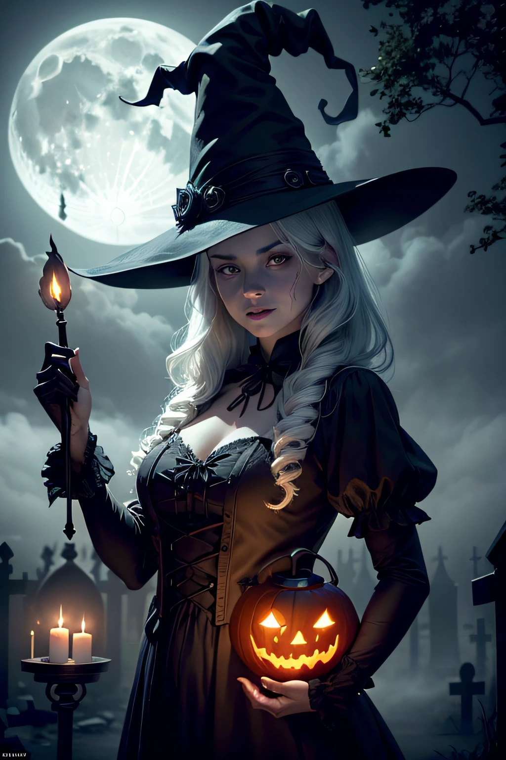 (best quality,ultra-detailed,realistic:1.37),Halloween,witch,full moon,in a spooky forest,Jack-o'-lanterns,haunted house,bats,flying broomstick,mysterious,night,misty atmosphere,ominous,witch's hat,cauldron,spiderweb,creepy crawlies,moonlit sky,spellbook,cackling laughter,witch's potion,candles,scary shadows,wisps of fog,magic,enchanted,black cat,moonlit graveyard,costumes,Trick or Treat,ghoulish decorations,hauntingly beautiful,spooky music,ghostly figures,howling winds