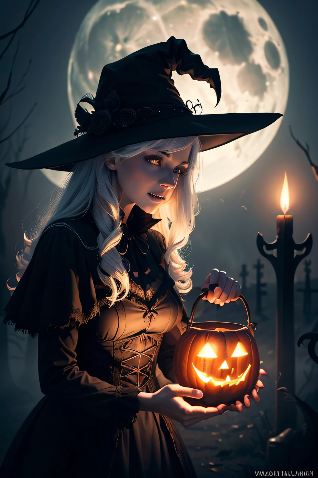 (best quality,ultra-detailed,realistic:1.37),Halloween,witch,full moon,in a spooky forest,Jack-o'-lanterns,haunted house,bats,flying broomstick,mysterious,night,misty atmosphere,ominous,witch's hat,cauldron,spiderweb,creepy crawlies,moonlit sky,spellbook,cackling laughter,witch's potion,candles,scary shadows,wisps of fog,magic,enchanted,black cat,moonlit graveyard,costumes,Trick or Treat,ghoulish decorations,hauntingly beautiful,spooky music,ghostly figures,howling winds