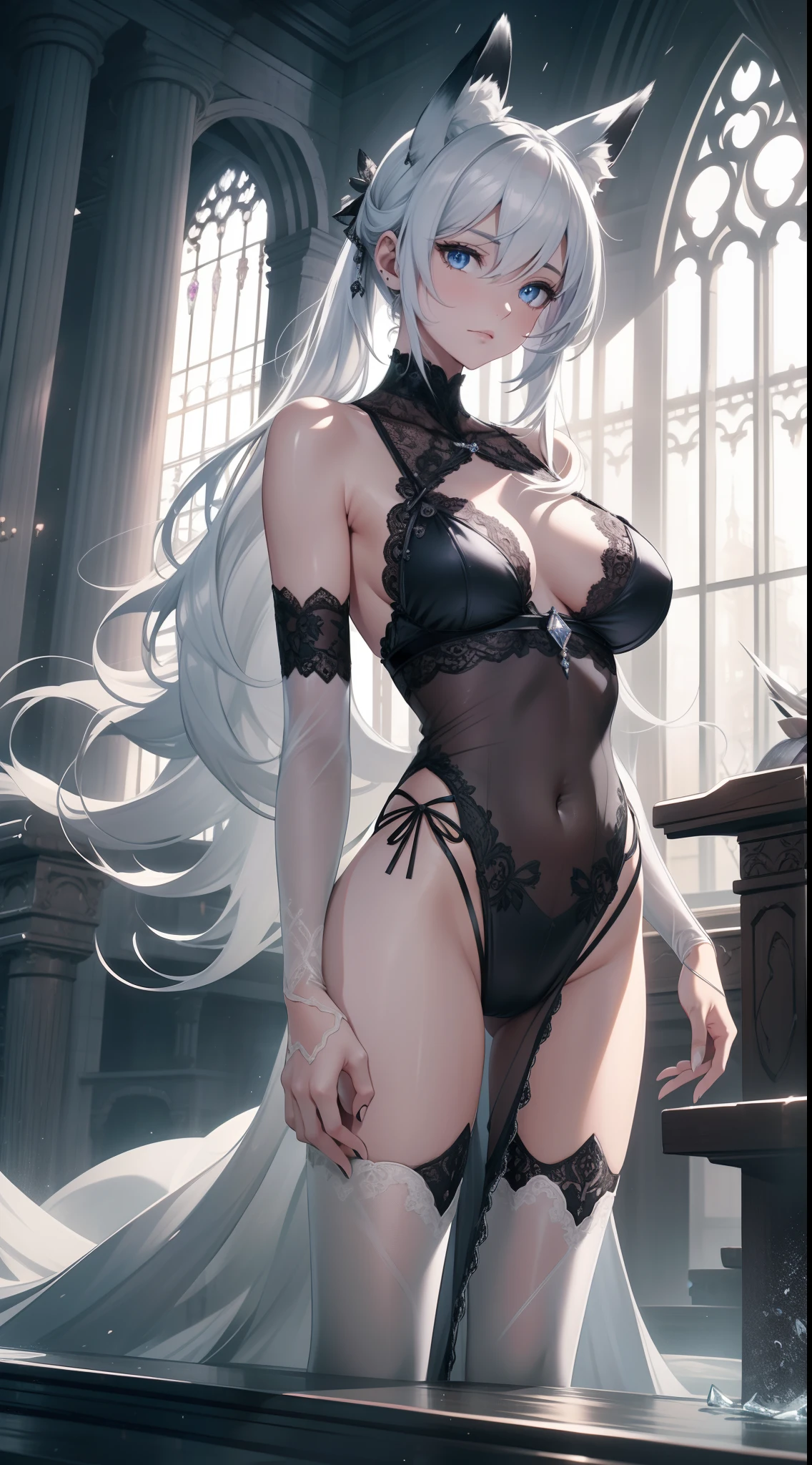 in a church, full bodyesbian, masterpiece, Best quality at best, official art, Very detailed CG 8k wallpaper, (flying petal)(Detailed ice), Crystal texture of the skin, Grim expression, (fox ear), white hair, long white hair, messy  hair, eBlue eyes, Medium breasts, looking at viewer, Hands are truly optimized, The foot is truly and reasonably optimized, very fine and beautiful, A high resolution, Underwear lace (transparent pubic hair, Silky), Navel-baring, Sling pajamas black silk (transparent pubic hair, Silky), Strangle leg rings, close-up on legs, Unilateral ponytail with white hair, Flushed face, Lie down, Background bed, water stain (Close up of transparent water stains), lots of resolution, Close-up of the hand, The lines are clear and realistic, photograph realistic, best quality, tmasterpiece, Extremely refined and beautiful, extremely details, CG 8K, Amazing Cleavage, finely detailed, tmasterpiece, Best quality at best, extremely detailed CG unity 8k wallpaper,