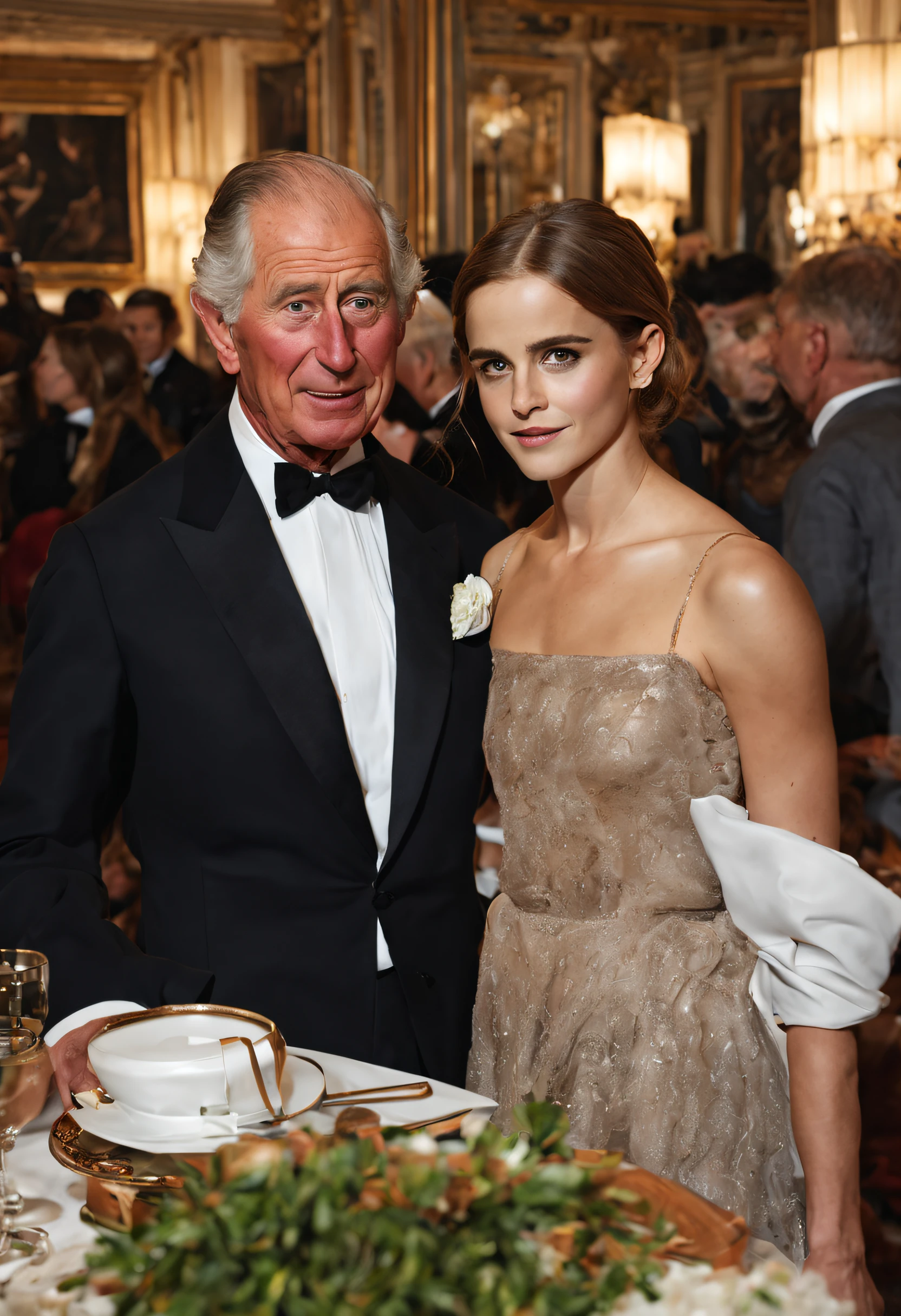old husband Prince Charles and a stunningly beautiful slim ponytail wife Emma Watson, fine dining in a luxury hotel, perfect face, perfect eyes, perfect finger, perfect anatomy, perfect body, realistic photo, uhd, looking to the viewer