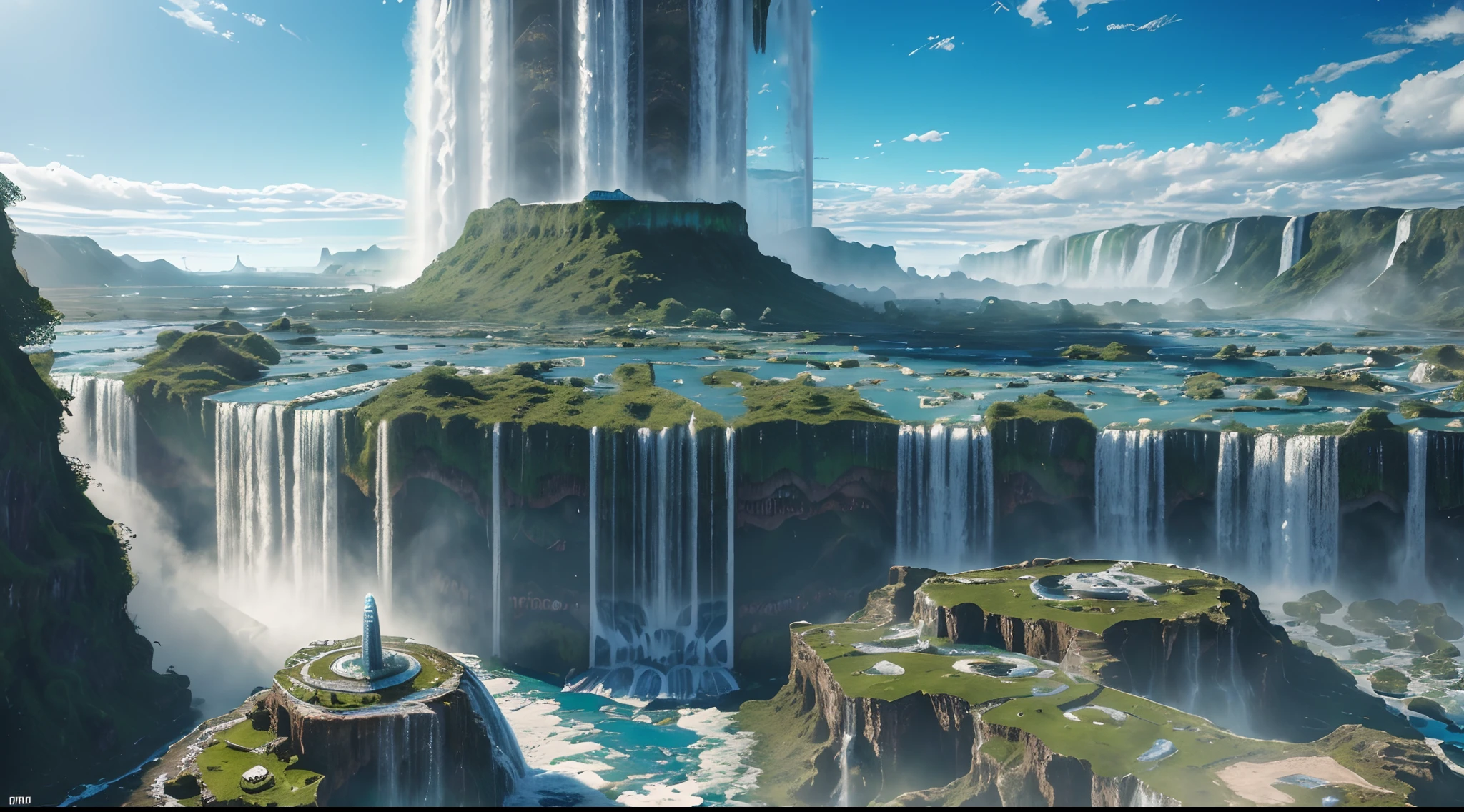 (best quality,4k,8k,highres,masterpiece:1.2),ultra-detailed,(realistic,photorealistic,photo-realistic:1.37),a post apocalyptic futuristic city built on a floating island,(waterfall:1.5),