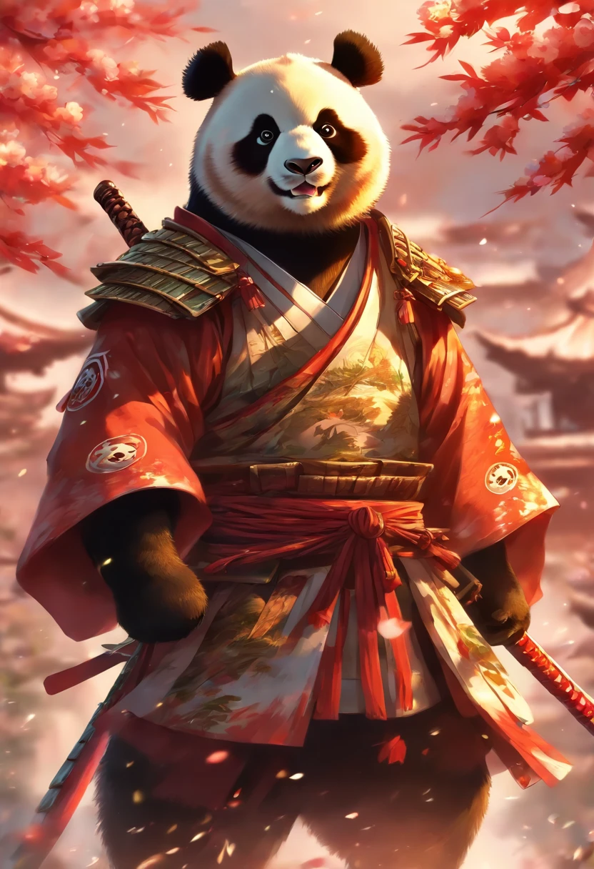 ((((A boy panda samurai warrior)))) wearing highly detailed white samurai armor, wearing a sashimono war flag on his back, sengoku period, highly detailed background, cherry blossoms blowing in the wind, perfect masterpiece, high quality, high resolution