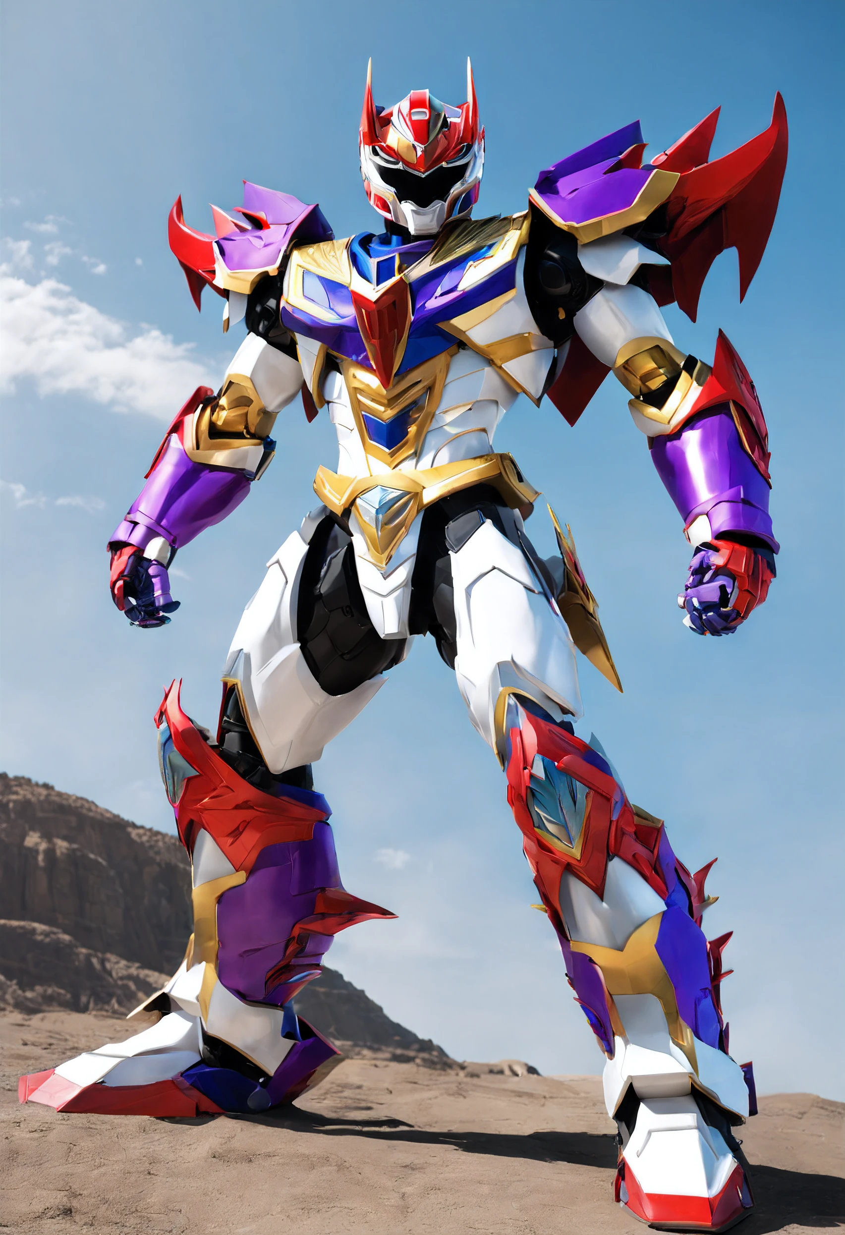 Megazord of a Power Ranger where the composition of the power ranger is made by a body with the head of a white lion on the chest, where his right arm is a purple wolf with stellar eyes and a phoenix as red as his wings flying through a vast universe wearing helmet in the shape of a wolf face with its visor split between red and blue in high quality