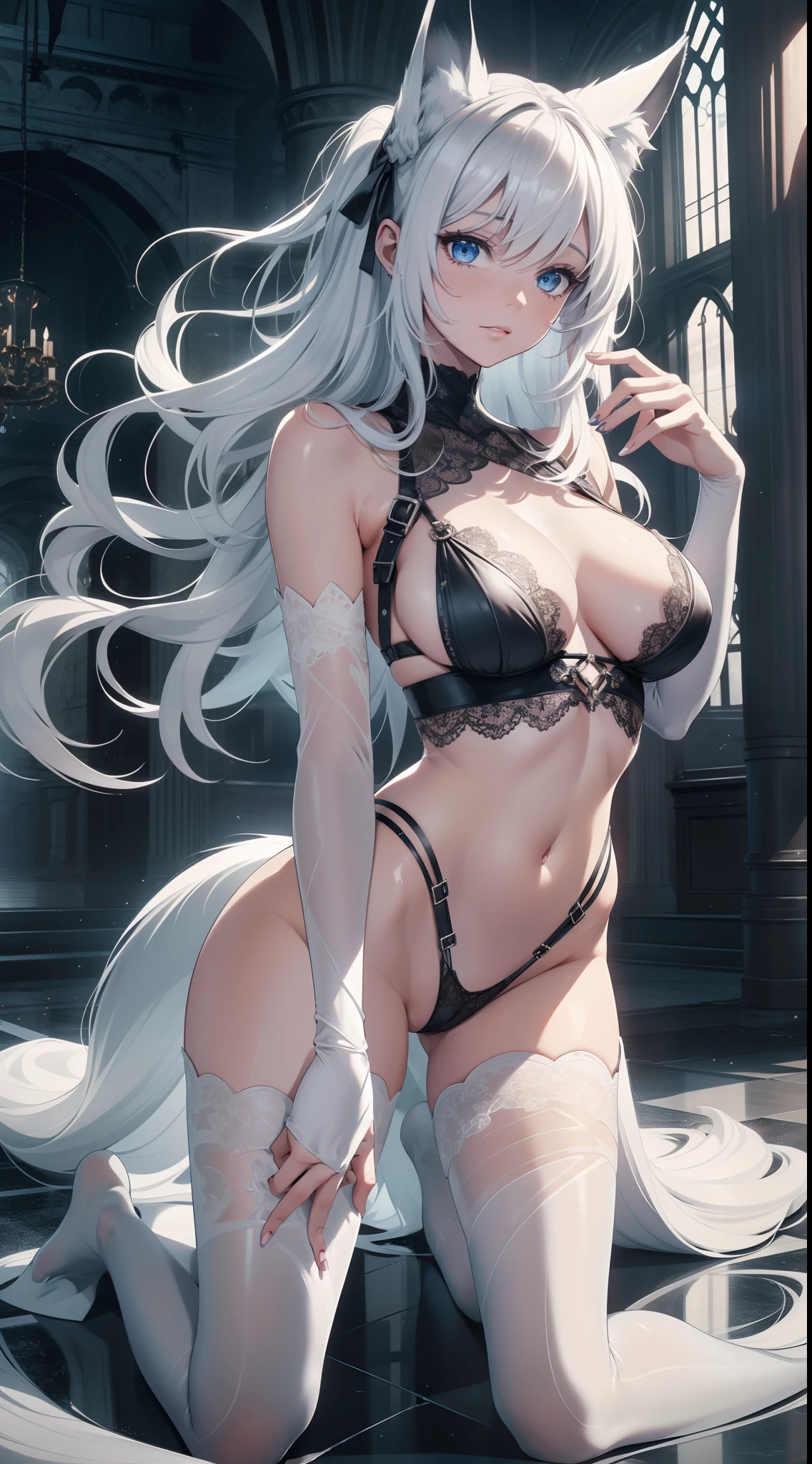 in a church, full bodyesbian, masterpiece, Best quality at best, official art, Very detailed CG 8k wallpaper, (flying petal)(Detailed ice), Crystal texture of the skin, Grim expression, (fox ear), white hair, long white hair, messy hair, eBlue eyes, Medium breasts, looking at viewer, Hands are truly optimized, The foot is truly and reasonably optimized, very fine and beautiful, A high resolution, Underwear lace (transparent pubic hair, Silky), Navel-baring, Sling pajamas black silk (transparent pubic hair, Silky), Strangle leg rings, close-up on legs, Unilateral ponytail with white hair, Flushed face, Lie down, Background bed, water stain (Close up of transparent water stains), lots of resolution, Close-up of the hand, The lines are clear and realistic, photograph realistic, best quality, tmasterpiece, Extremely refined and beautiful, extremely details, CG 8K, Amazing Cleavage, finely detailed, tmasterpiece, Best quality at best, extremely detailed CG unity 8k wallpaper,