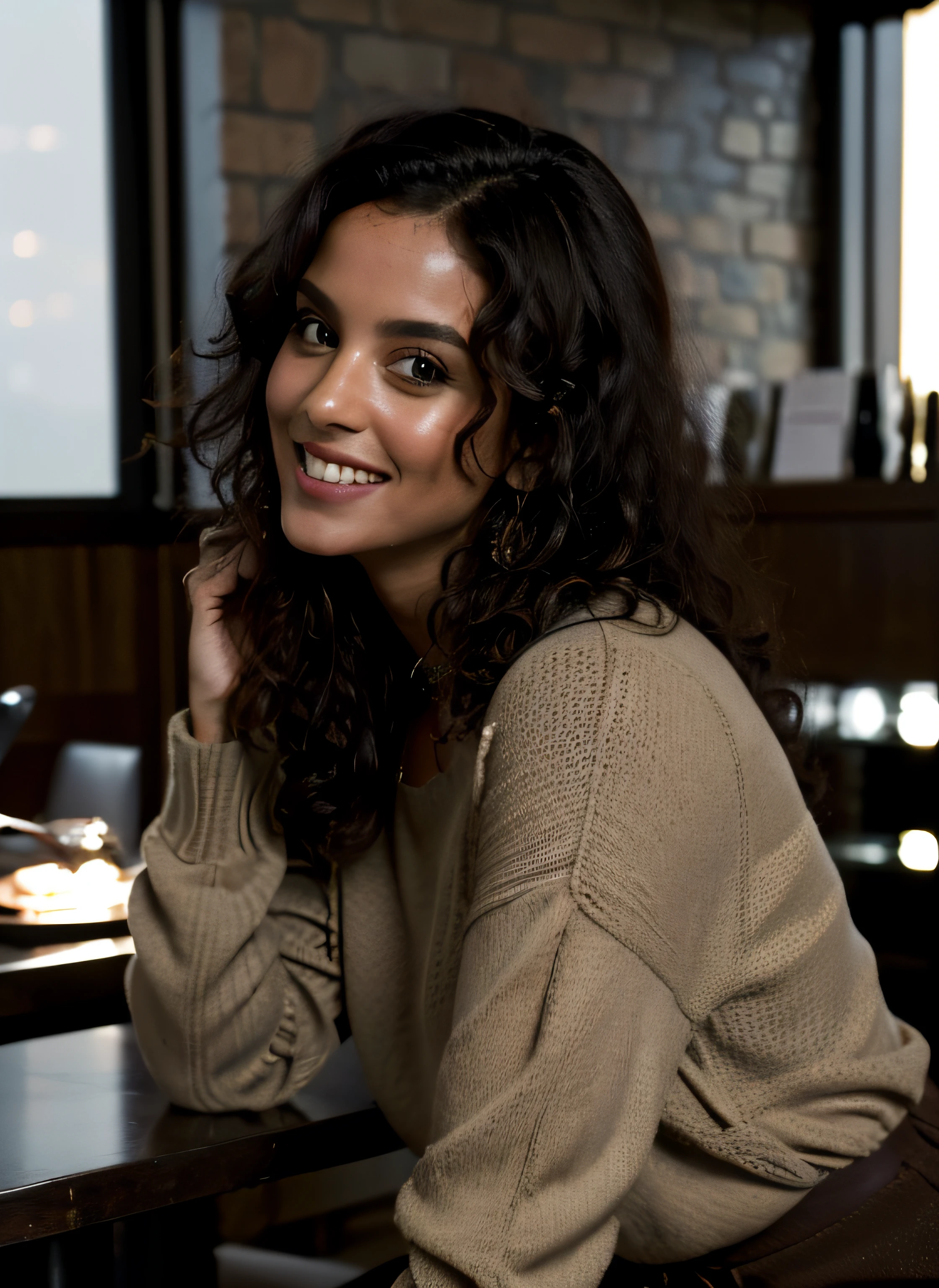 Beautiful 30 years old italian woman, makeup, olive skin, curly black hair (middle lenght), posing seductively in coffee shop, daylight seductive smile, gray sweater, high detail face, high detail clothes, ultrarealistic, dark shot, cinematic, professional photo
