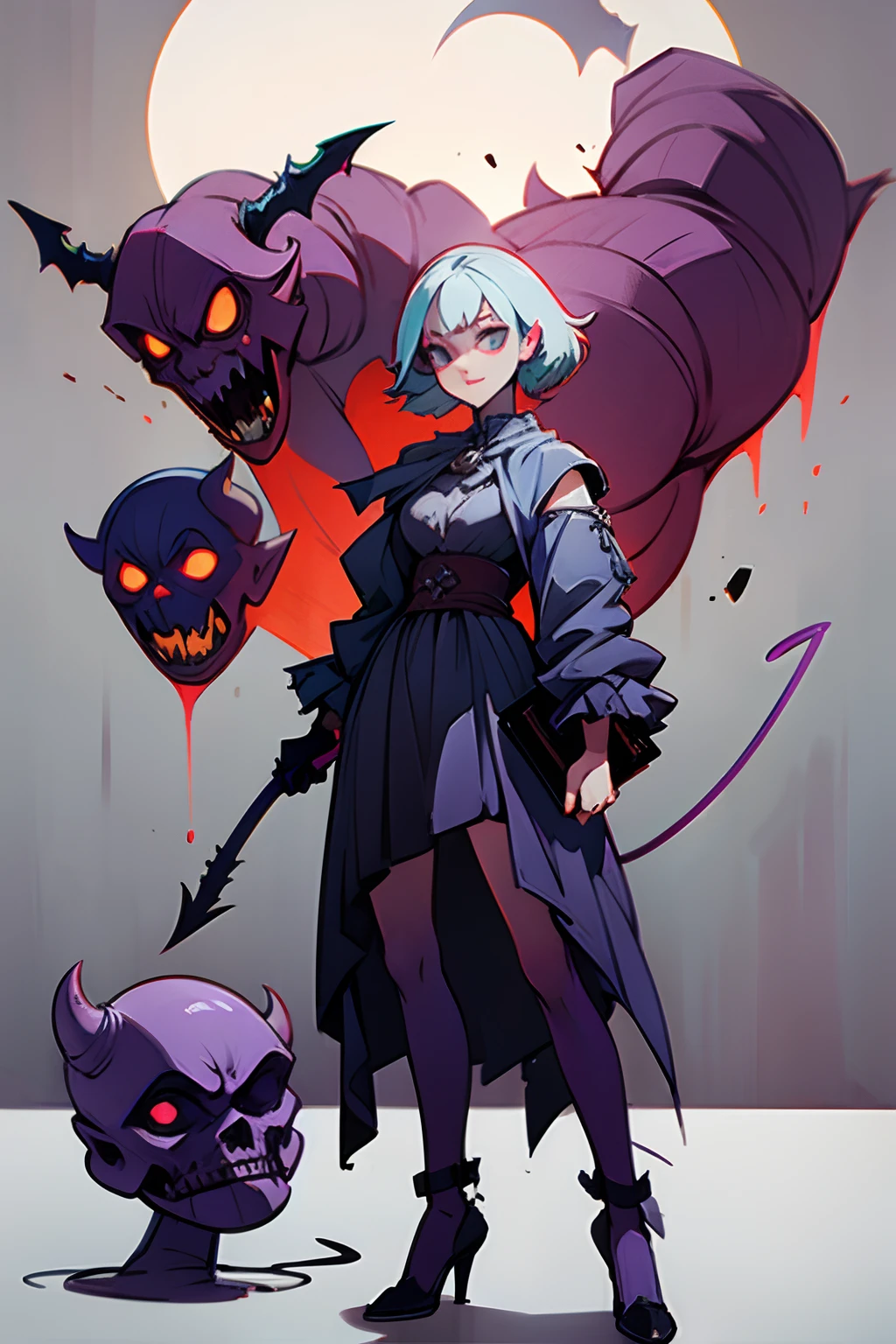 lonely entity demon girl,holding book,standing,sexy outfit,standing,waifu hag