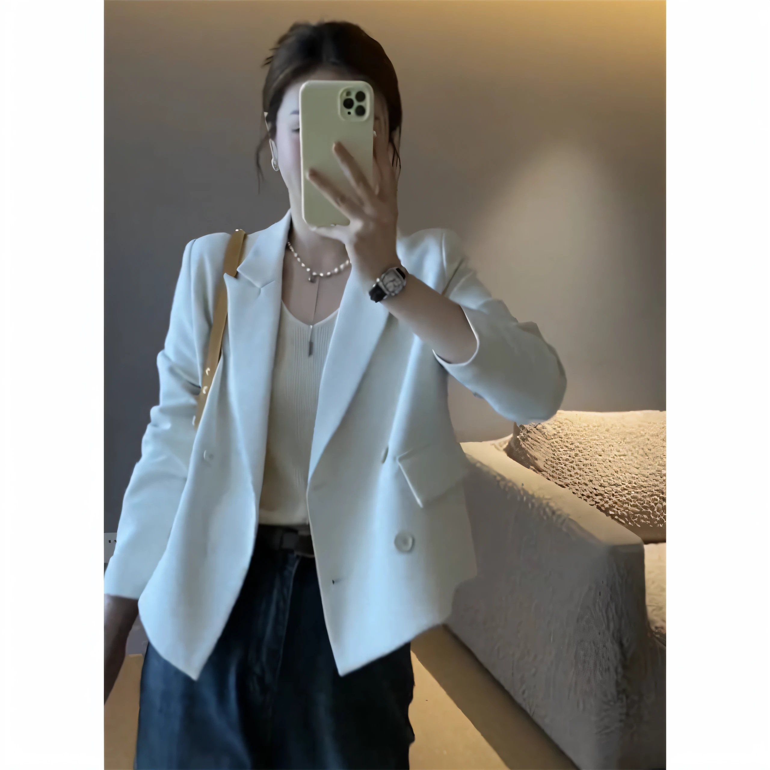 Woman taking selfie in white blazer and black skirt, White jacket, Jacket, Short jacket, White suit, While wearing a white Business suits, 2 0 2 0 fashion, White coat, wearing a blazer, white trendy clothes, smooth white tight clothes suit, 4 8 0 p, 480p, White color, low quality video, wearing a jacket, Open jacket