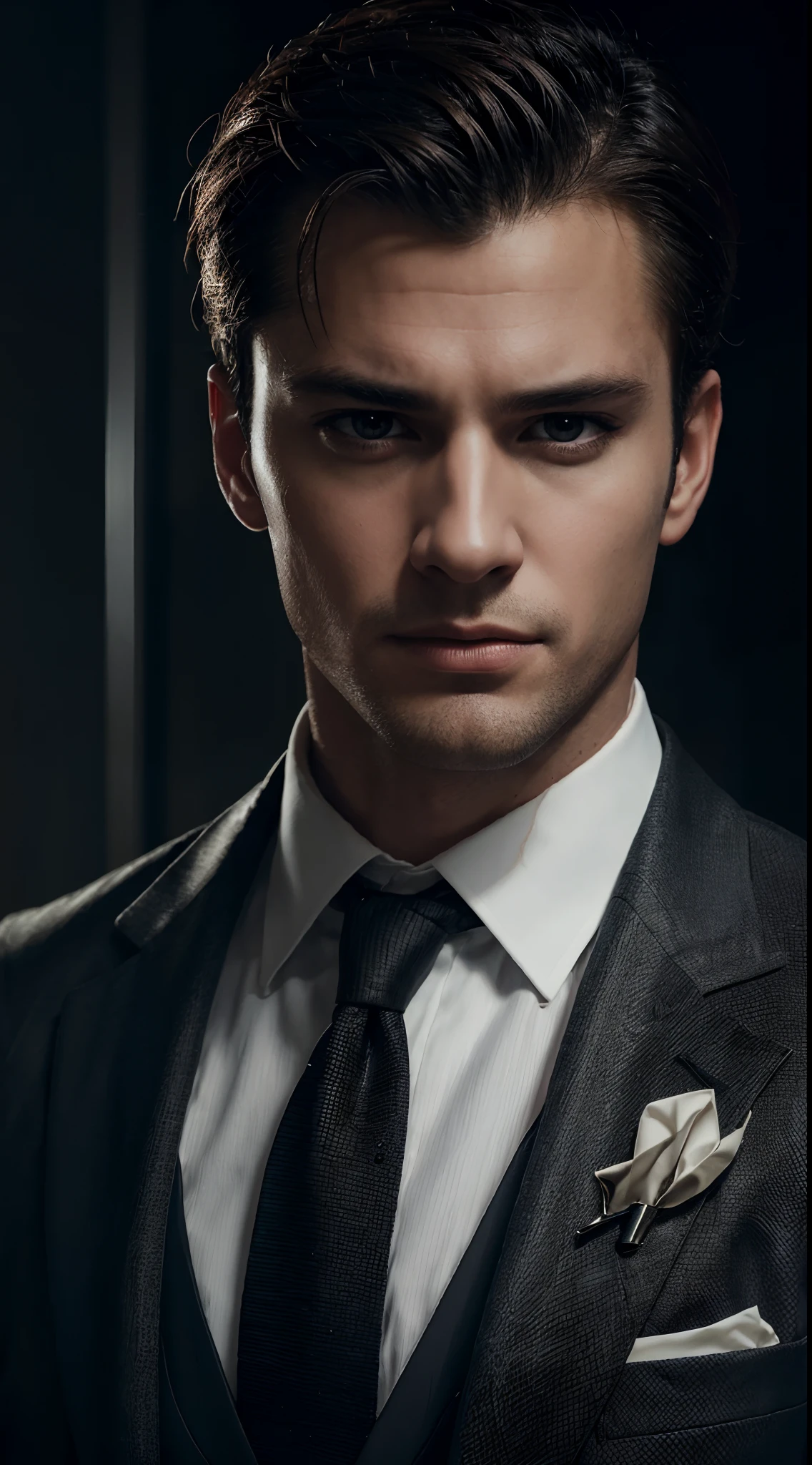 Portrait of man in a suit and tie with a dark background, male portrait, handsome detailed face, handsome stunning realistic, realistic face moody lighting, epic and classy portrait, cinematic realistic portrait, handsome male, extremely detailed man, anime portrait of a handsome man
