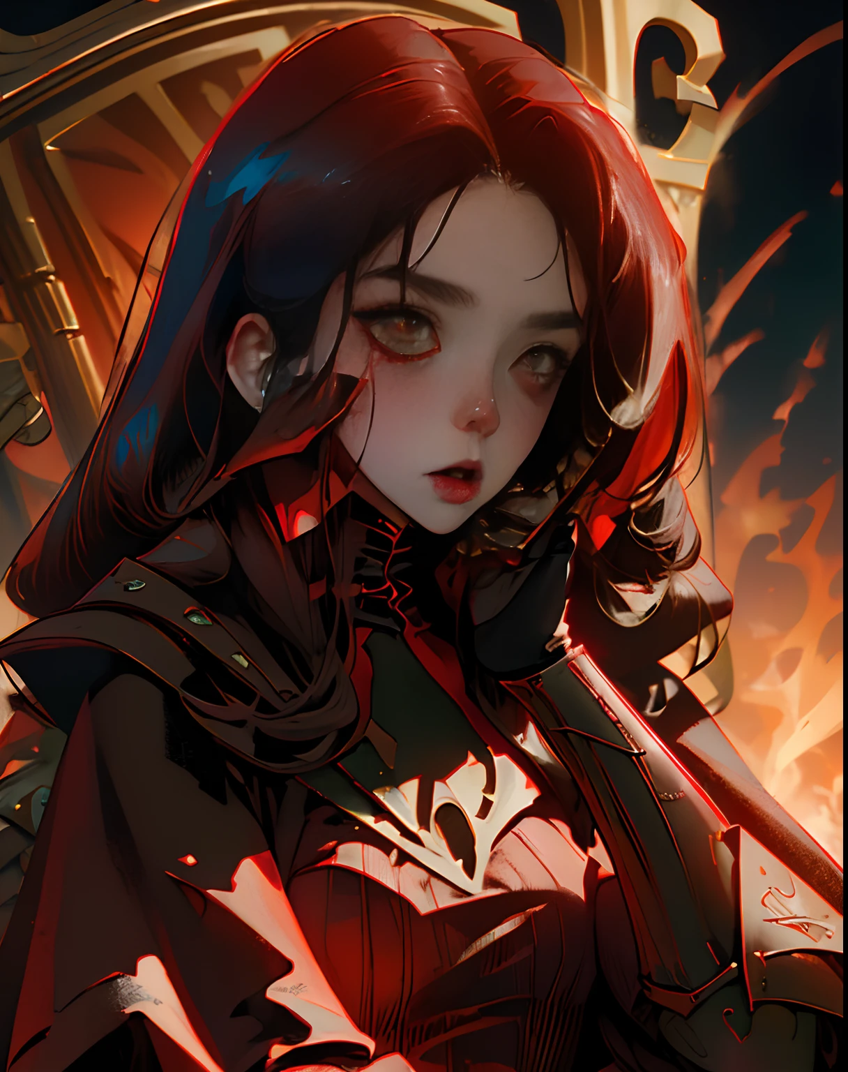 best quality, detailed background, vampire girl, victorian_street, detailed armor, crimson cape
