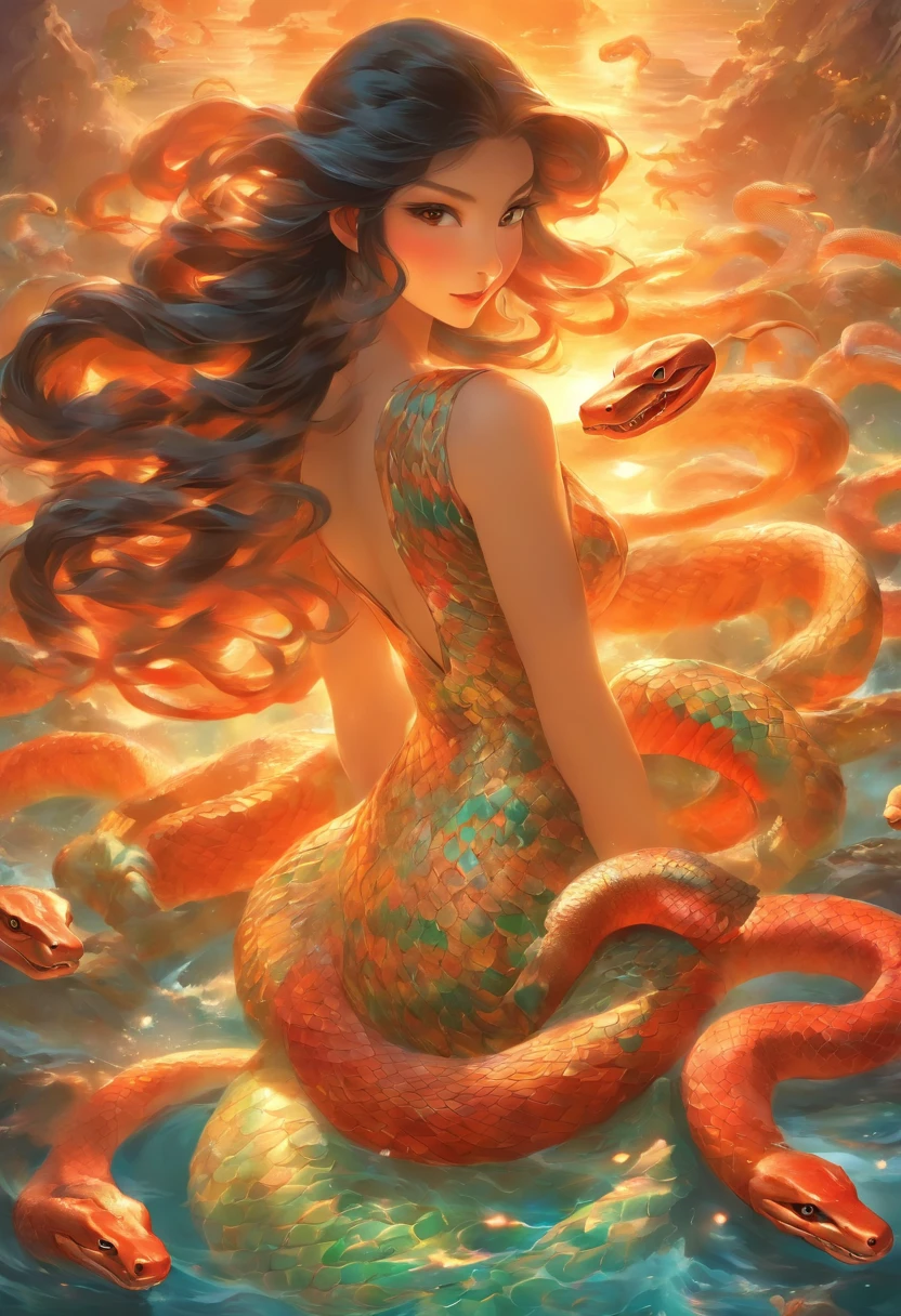 ultra-realistic image, white colors, HD image, Mythology, Snake Woman, snake body, snake tail, Chinese Woman, human, long black hair, (mermaid), (snake tail), scales, the image is clear , Chinese painting style, Shui Mo Hua, Thangka Style, aesthetics, Beautiful image, depth of field, centered on canvas