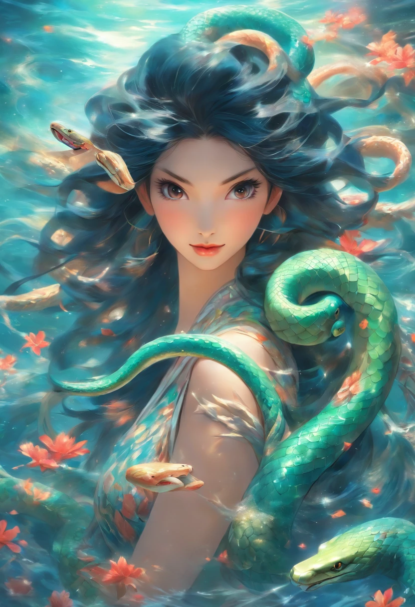 ultra-realistic image, white colors, HD image, Mythology, dynamic poses, Chinese Woman, human, long black hair, snakes (mermaid: 1.2), (elongated snake tail: 1.3), scales texture, bright lighting, image is sharp, meticulous details, Chinese painting style, Shui Mo Hua, Thangka Style, aesthetics, Beautiful image, depth of field, centered on the canvas