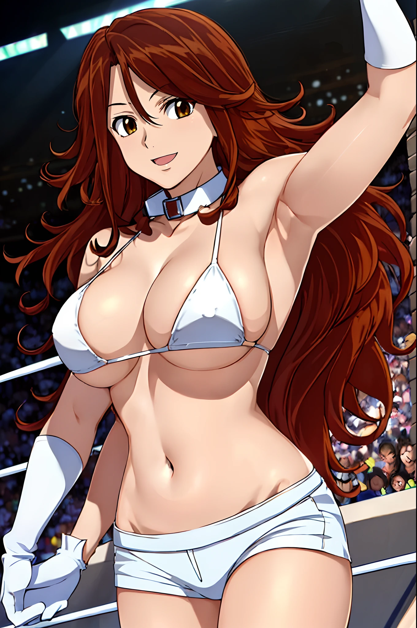 jumping down, Elegant lady, body view, anime style: 1.8, anime drawing, ultra detailed face, ultra detailed body, 4k, Sumergai Lee Noriega, (standing), best quality, anime style, hires, highest definition, digital blending, bold drawing lines, ((wwe diva), (location: wrestling arena, crowds watching), ( slim body, little biceps, thighs, off-shoulders, (curvy: 2.8)), ((white bikini, shorts, groin, white gloves, collar, elbow pad)), victorious, winner, gentle, (pale skin, shiny skin, very big breasts, smile), (big eyes, brown eyes), (clapping), (brown hair, loose hair, curly hair, wavy hair, long hair, missy hair), 27 years old,