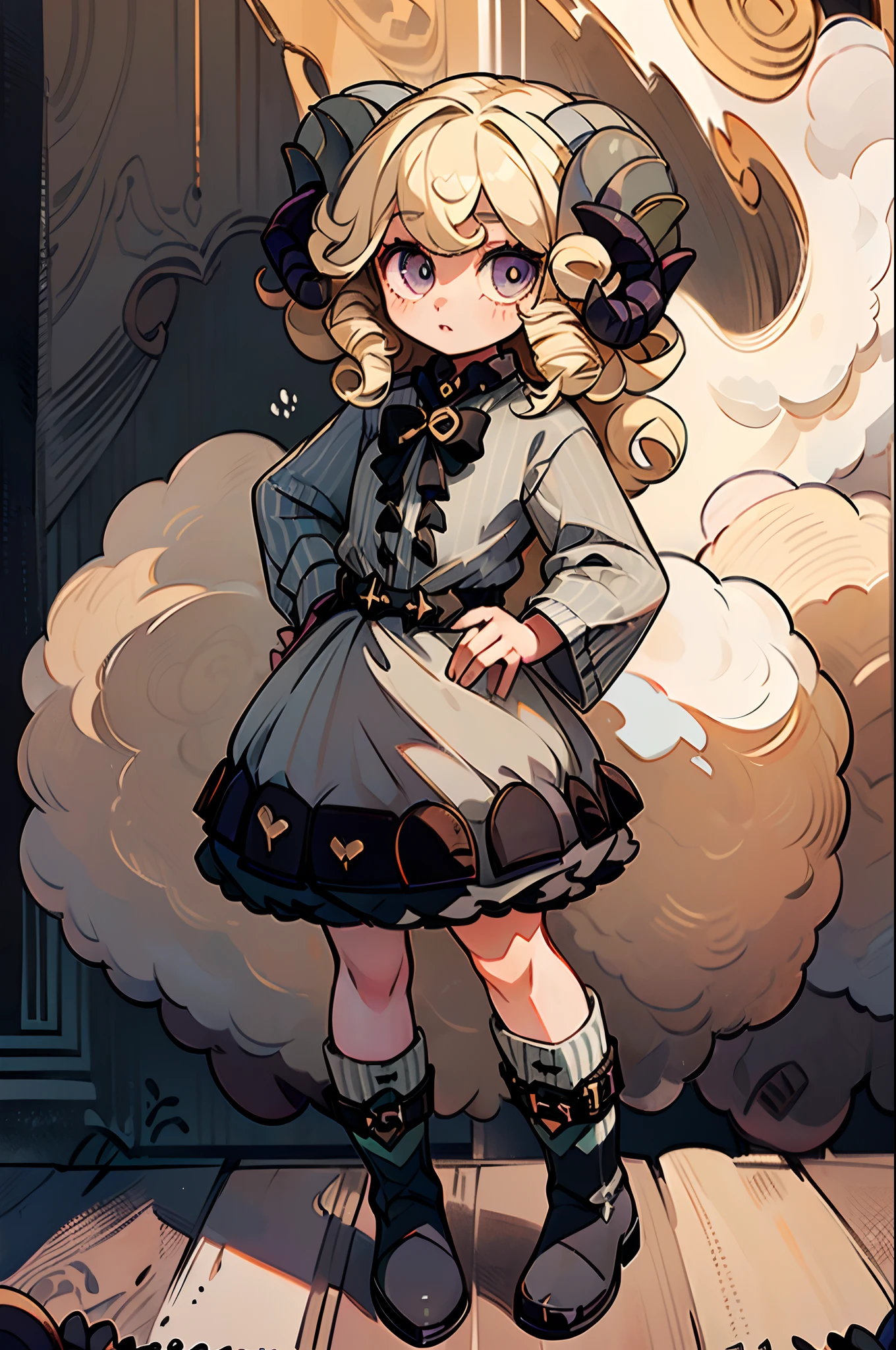 ((Full body):1.5),((9 year old girl /with sheep horns):1.5) ,((blonde curly hair):1.2), (wearing striped shirt :1.4),(black boots:1.4) ((whitish eyes):1.3), looking at the viewer, in a ((modern white house);1.5),4k,large hips