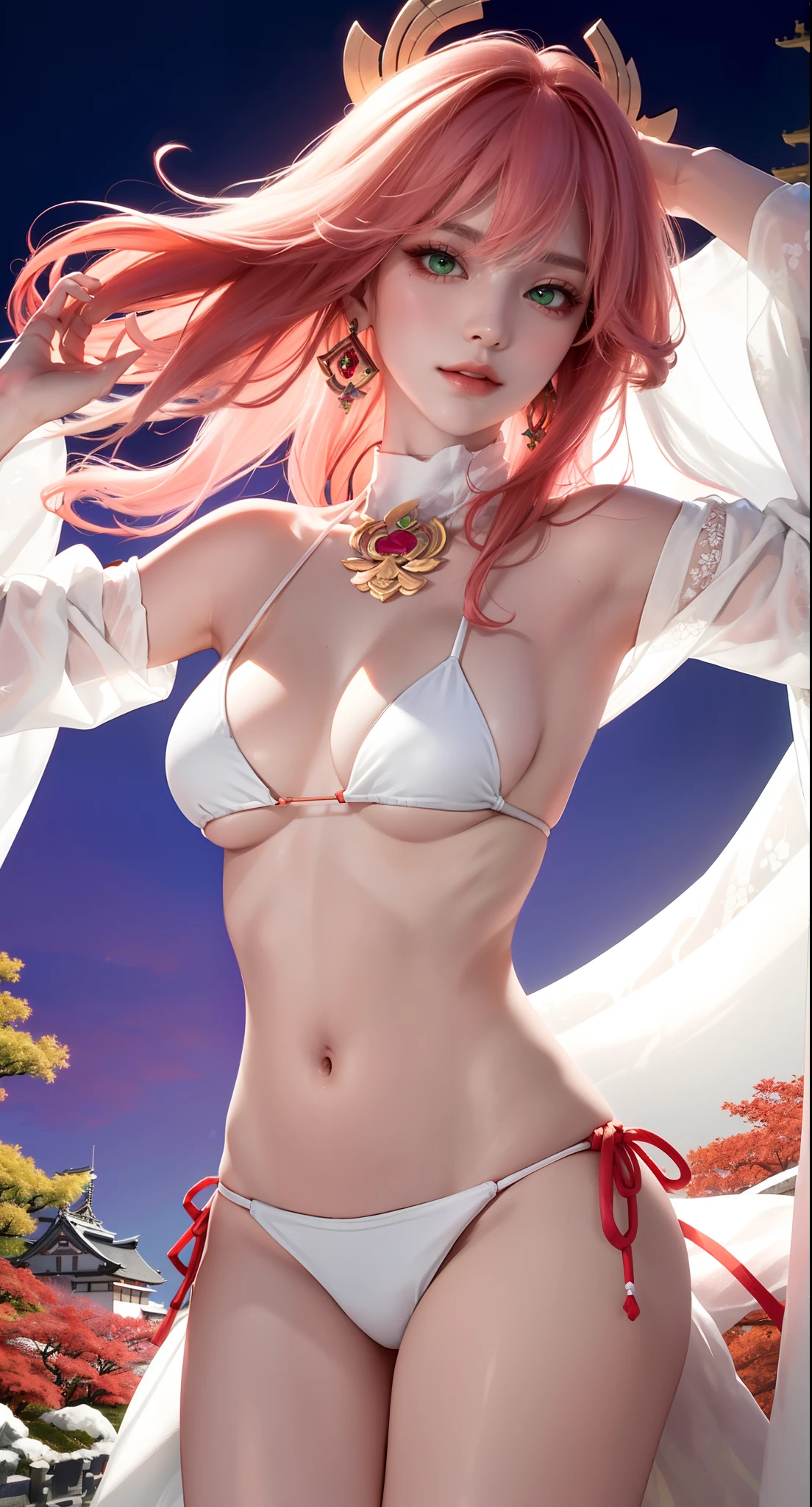 ((autumn background))), ((Japan castle background)))), (white bikini:1.5), (((luminous background))), (Masterpiece, Excellent, 1girl, solo, complex details, color difference), realism, ((medium breath)), off-the-shoulders, big breasts, sexy, Yae Miko, long pink hair, red headdress, red highlight, hair above one eye, green eyes, earrings, sharp eyes, perfectly symmetrical figure, choker, neon shirt, open jacket, turtleneck sweater, graffiti, dim lighting, alley, looking at the audience, ((mean, seductive, charming)), (dynamic pose), tulle, bare shoulders, blooming flower fields, radiant skin, faint smile, sexy, bust, no breast cover, naked, cocked ass, tummy look