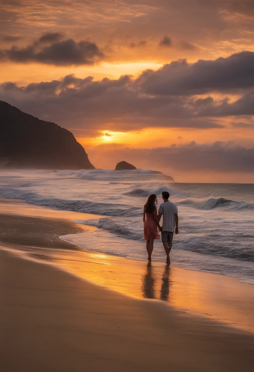 Descreva um casal jovem, ambos com cabelos loiros, walking hand in hand along the boardwalk of Ipanema beach in Rio de Janeiro. The sun slowly sets on the horizon, Painting the sky with warm shades of orange and pink. Eles encontram um cantinho tranquilo na areia e se sentam, wrapping themselves in a warm embrace as they enjoy the magical moment together. Eles compartilham segredos e risadas, enquanto olham para as ondas suaves do mar. Love is in the air as they kiss softly, Sealing the special moment they're living.