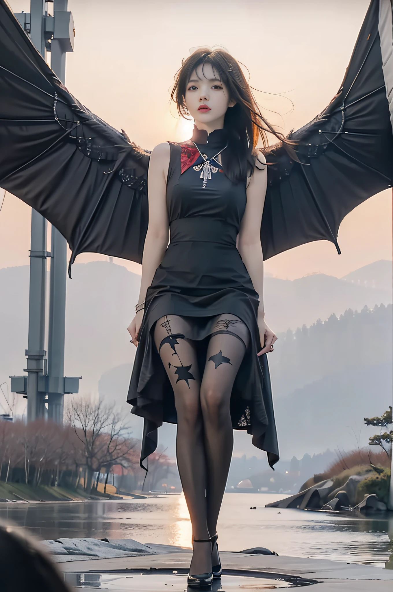 Aerial View,giant girl 50 feet high,Have a pair of ultra long legs,stepping in the crowd,Possessing a pair of huge demon wings,With huge devil horns on his head,Princess,mini skirt,Has purple waist-length hair,loose hair,Wearing a pair of Mary Jane heels,red curly hair,A look of enjoyment,standing on a ruins,The city is full of blood stains,Beautiful appearance,Exquisite makeup,quality,8k,High quality,(governor:1.5),Perfect proportion, Cinema lighting,film grain,Fuji colors,8k,textured skin,Super details,high detail,high quality,high resolution,explode,fake smile,Black,blood stains,Blood stains on the soles of feet