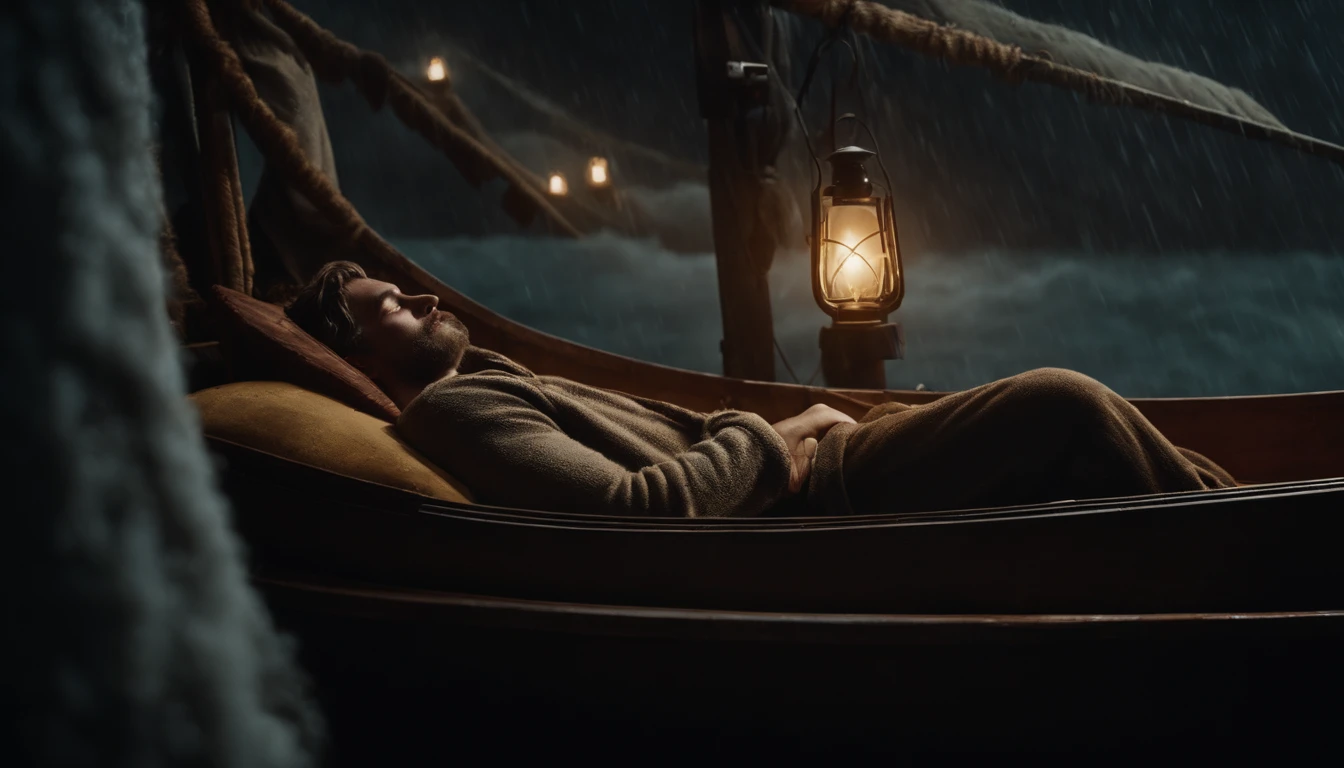 Jonah sleeping in the hold of the boat in the middle of the storm. biblical story