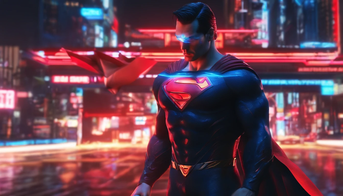 Ultimate Superman Details by Ridley Scott, maximum detail on the face, Terno preto , S symbol in red, detailed hands , anatomia perfeita , On a Tokyo street at night , neon lights, nocturno