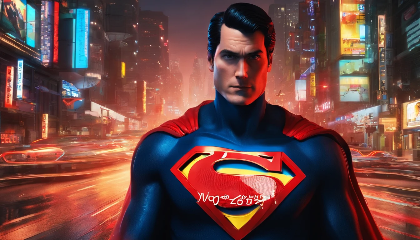 Ultimate Superman Details by Ridley Scott, maximum detail on the face, Terno preto , S symbol in red, detailed hands , anatomia perfeita , On a Tokyo street at night , neon lights, nocturno