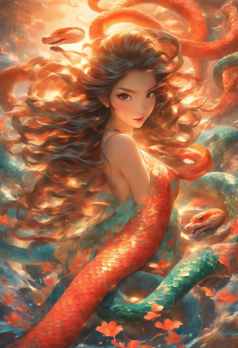 ultra-realistic image, white colors, HD image, Mythology, Snake Woman, snake body, snake tail, Chinese Woman, human, long black hair, (mermaid), (snake tail), scales, the image is clear , Chinese painting style, Shui Mo Hua, Thangka Style, aesthetics, Beautiful image, depth of field, centered on the canvas.