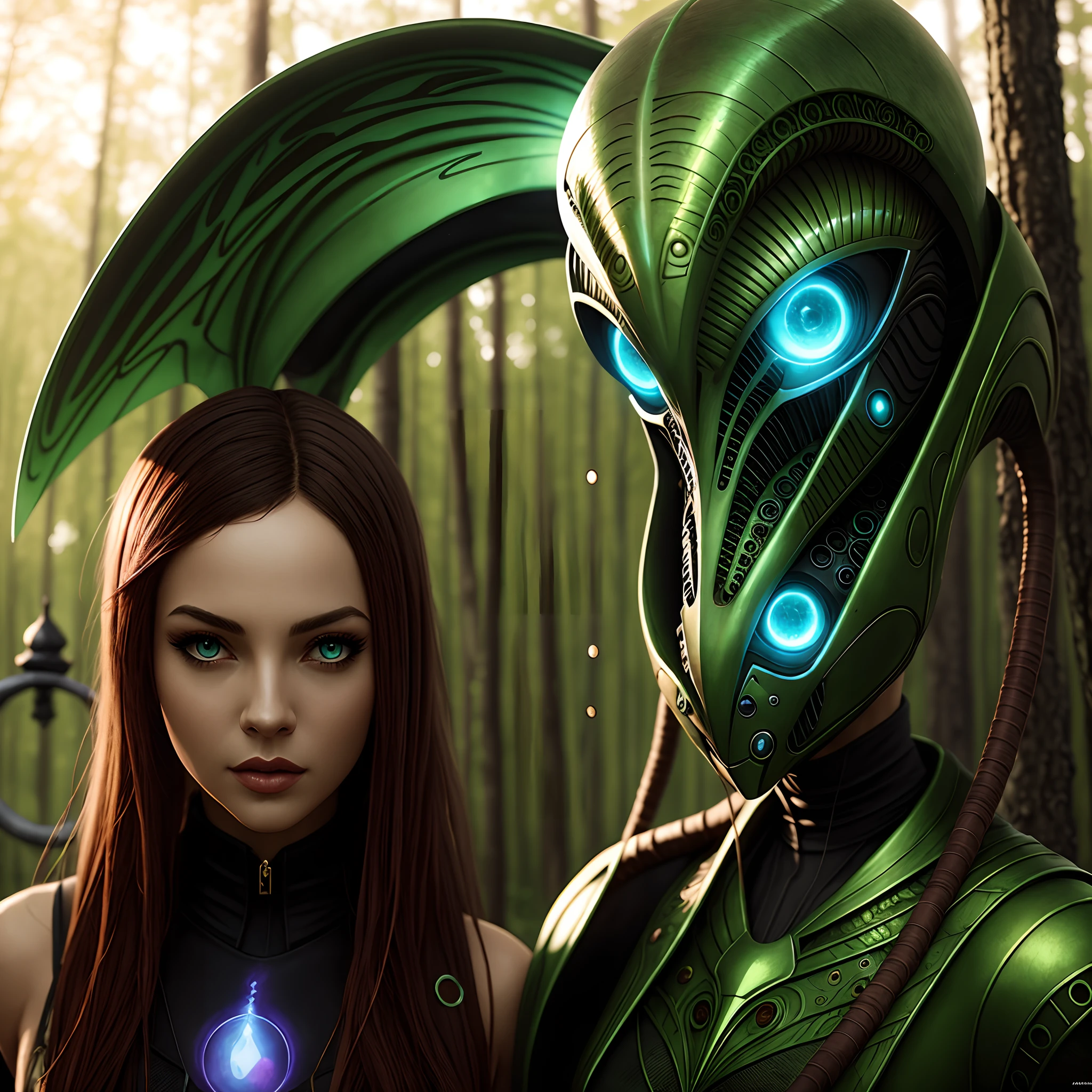 There's a next to a slimy green alien, Woman and alien are in a forest, Artgerm Julie Bell Beeple, Tomasz Alen Kopera e CGSoration, Vencedor do concurso CGSetline!!, Vencedor do concurso CGSetline, Vencedor do concurso CGSetline!!!, cgsociedade inspirada, arte de fantasia urbana estilizada, Alien creature with alien woman, CGSetalidade 9, trending in cgsociety