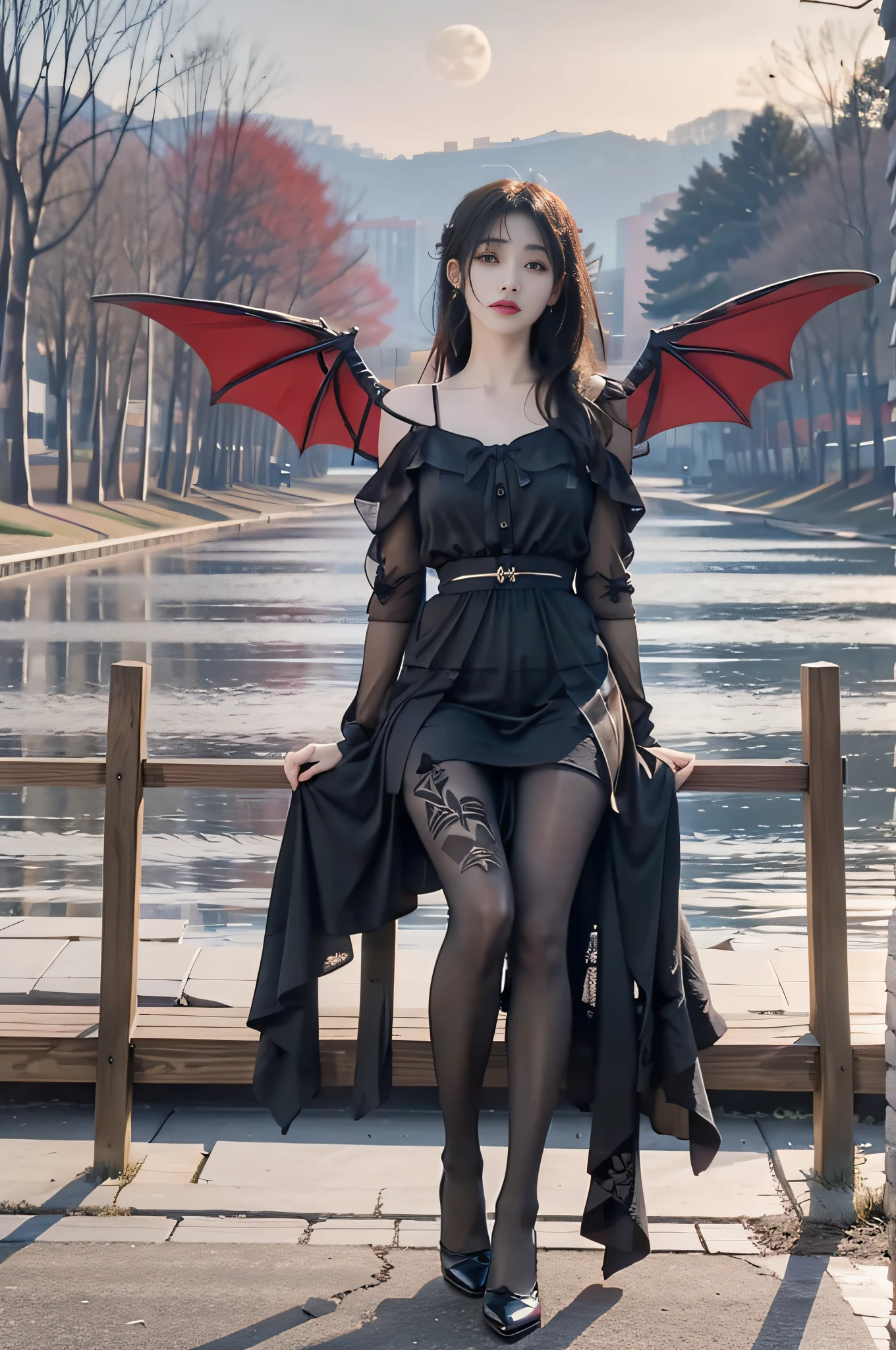 (Realisticな, photo-Realisticな:1.37),(8K, RAW Photos, Highest quality, masterpiece:1.2), Ultra-detailed, 超High resolution, Kodak Vision Color, Filmed with an Arricam LT camera,Highest quality, Lively, 8K, High resolution, 1 female, Japanese、Escape, (Professional Lighting), (Portraiture:0.6), Black Hair, (Medium Hair),23 years old、 (Gothic clothing is red and black) Realistic, a hyperRealistic , ((Perfect beautiful eyes)), Crazy looking condescending look ((Feet Fishnet)) pose for a photo (((The background is an old European castle.、Dracula's House、))) ((Angel Wings)) (((Realistic bloody hand and bloody droplets)))、smile、Small devil、 (((No extra arms))),