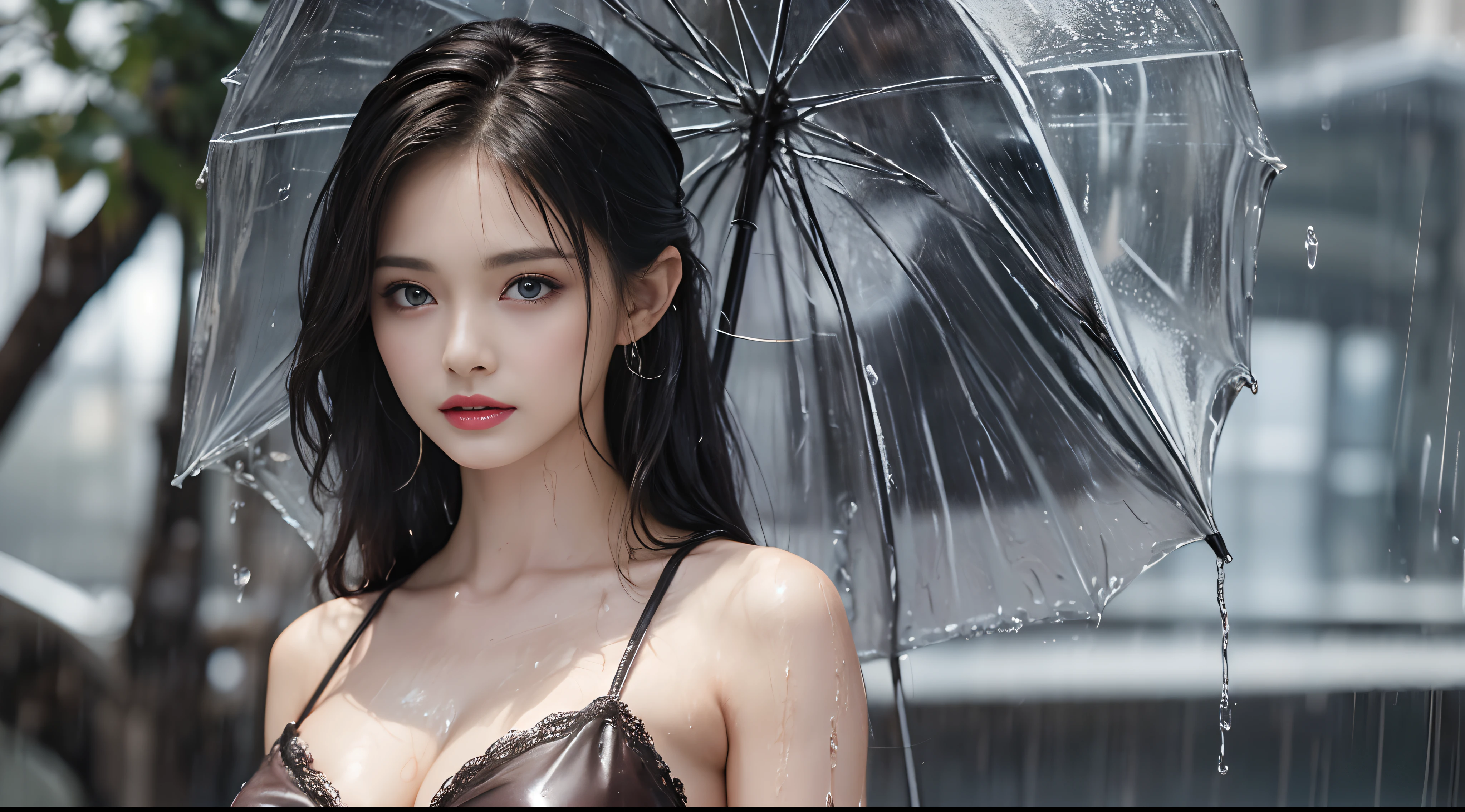 (Best quality, 4k, Masterpiece :1.3), pretty woman, 1girl, (breasts, attractive body :1.2), abs :1.1, dark brown hair: 1.1, (rainy wet, wet from rain, wet body :1.2), ultra-detailed face, detailed lips, detailed eyes, double eyelid