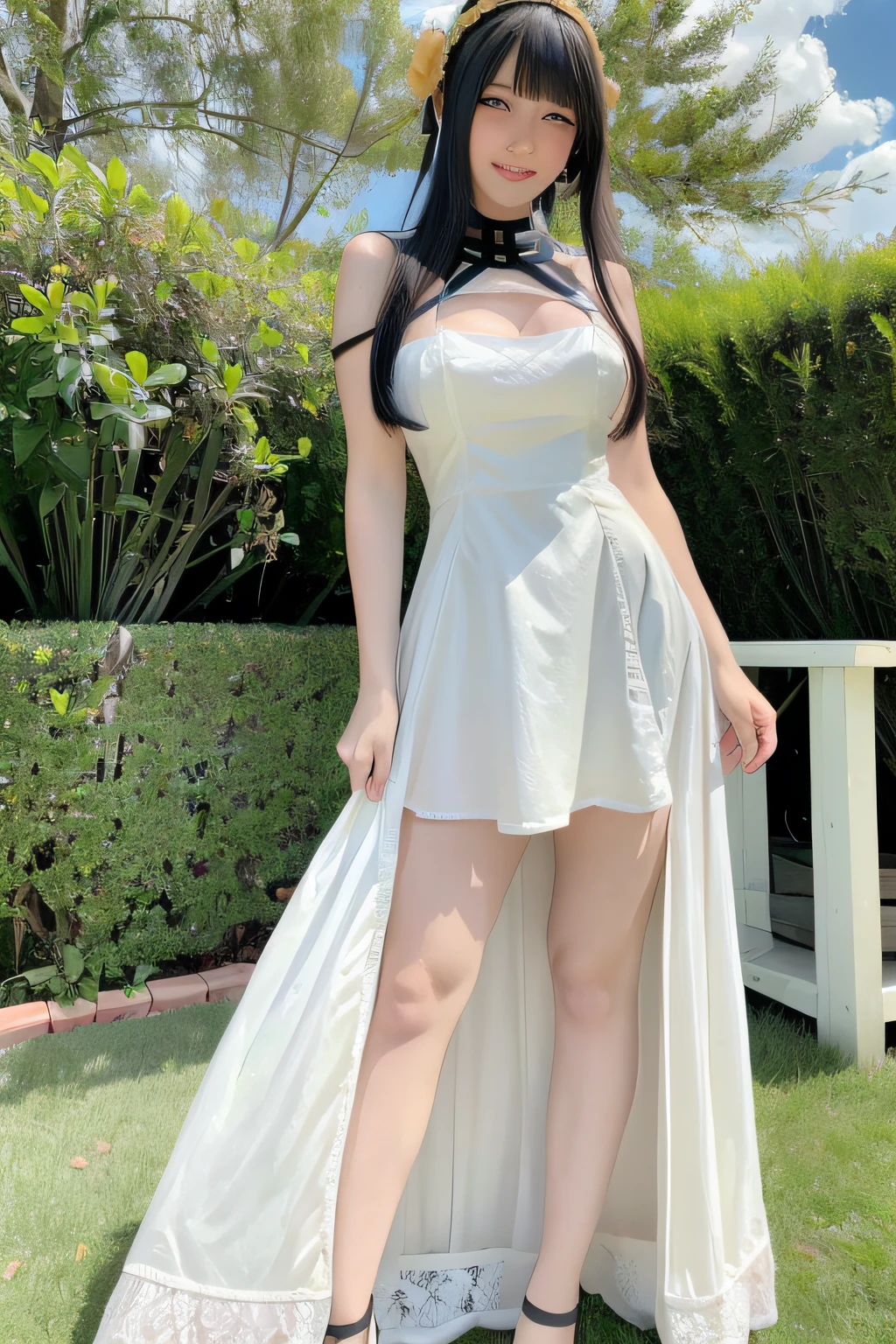 (8k, best quality, masterpiece:1.2), (realistic, photo-realistic:1.37), ultra-detailed, (1girl:1.6),cute,beautiful detailed sky,(outdoors:1.4),daytime, standing,dating,(nose blush),(smile:1.15),(closed mouth:1.2), breasts,beautiful detailed eyes, wet,rain,white lace, (long hair:1.2),floating hair NovaFrogStyle, looking at viewer, facing viewer, full body,yor briar,