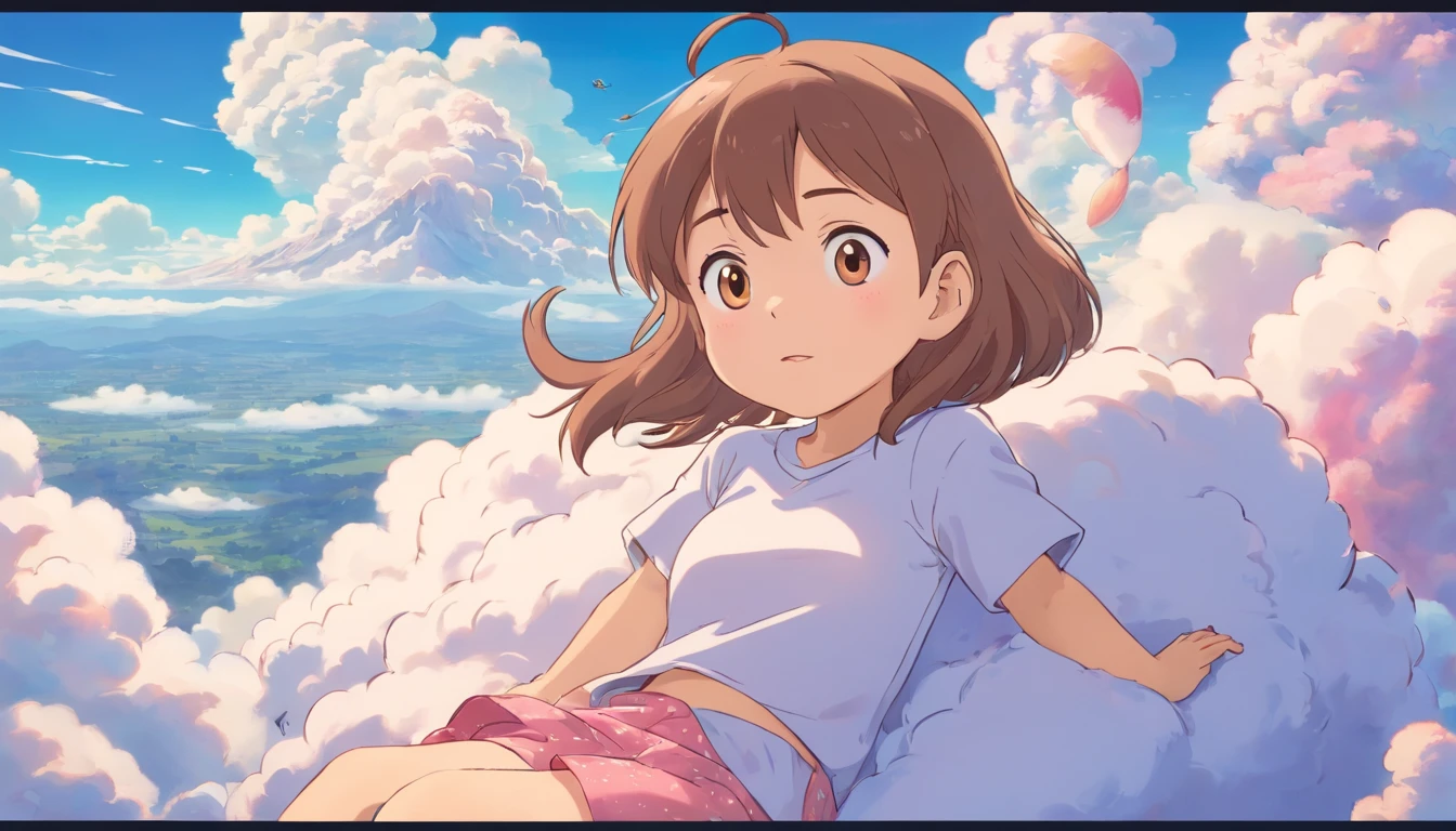 comic strip，Cute and cute 5 year old baby girl lying on beautiful fluffy clouds in the sky，anime big breast，On thick clouds such as marshmallows，Pink pajamas，Detail enhancement，8K，super-fine，concept-art，number art