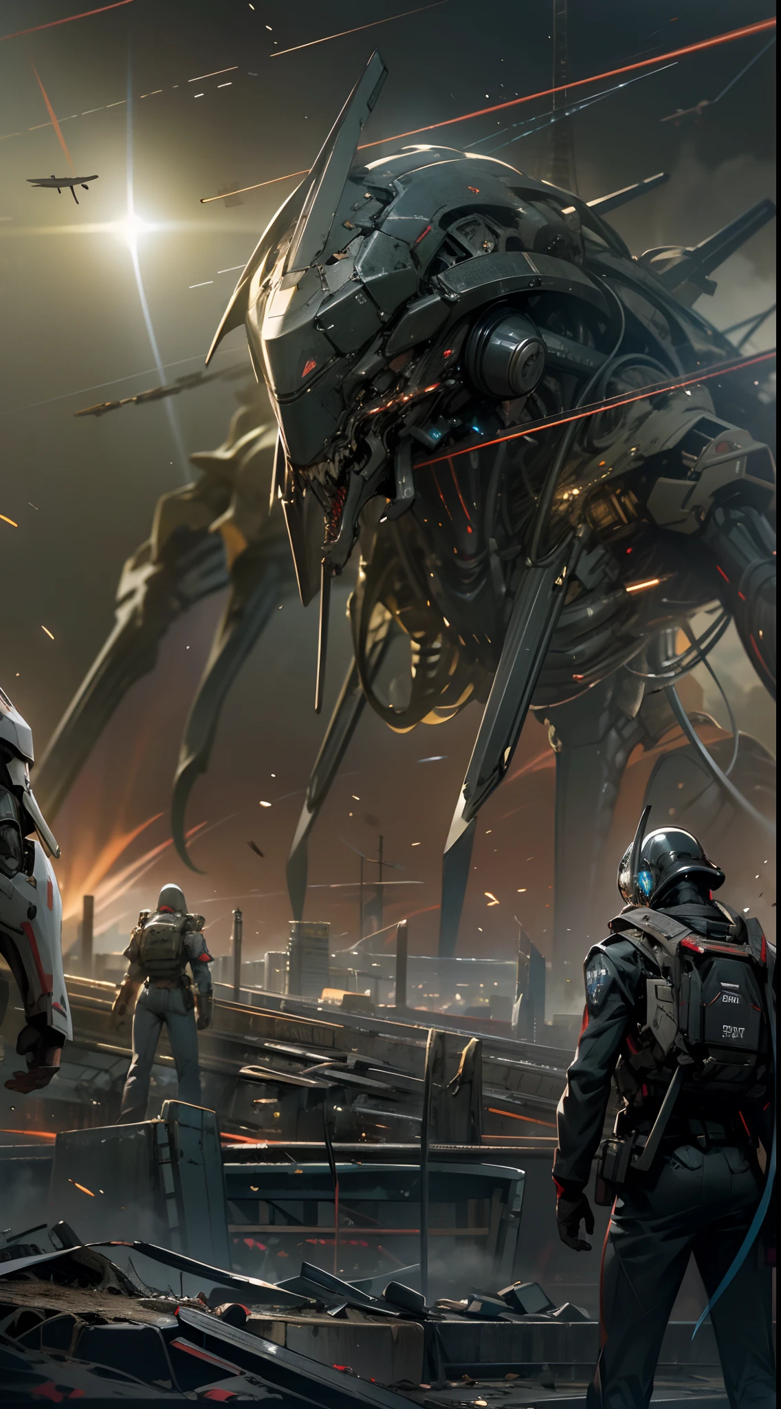 War of the Worlds,Countless fighters,Cockpit perspective,planetes,in fighting,close battle,Crisis,Nervousness,explosions,tragedy,droid,Masterpiece,high-detail,perfect-composition,the golden ratio, "Creepy and intense alien invasion scene with dark atmosphere, dramatic lighting, and intense action. Show powerful extraterrestrial creatures, advanced technology, destroyed cityscape, panicked civilians, and a sense of imminent danger. Generate an unsettling and immersive image that captures the chaos and terror of an otherworldly invasion. a group of humans wearing futuristic suits are fighting with laser guns, bloody war, The scene is extremely complex, extremely impressive with intricate details, extremely smooth displayed textures. Bright, sharp light" masterpiece, best quality, intricate detail, complex scenery, thrilling, dramatic action, 8k, hdr