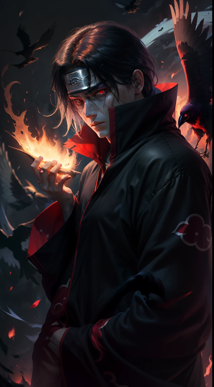 Itachi Uchiha, darkness envelops him, flaming Sharingan eyes, a raven by his side, hidden powers awaken, black flames consuming everything, an 8k vision revealing all the dark details.