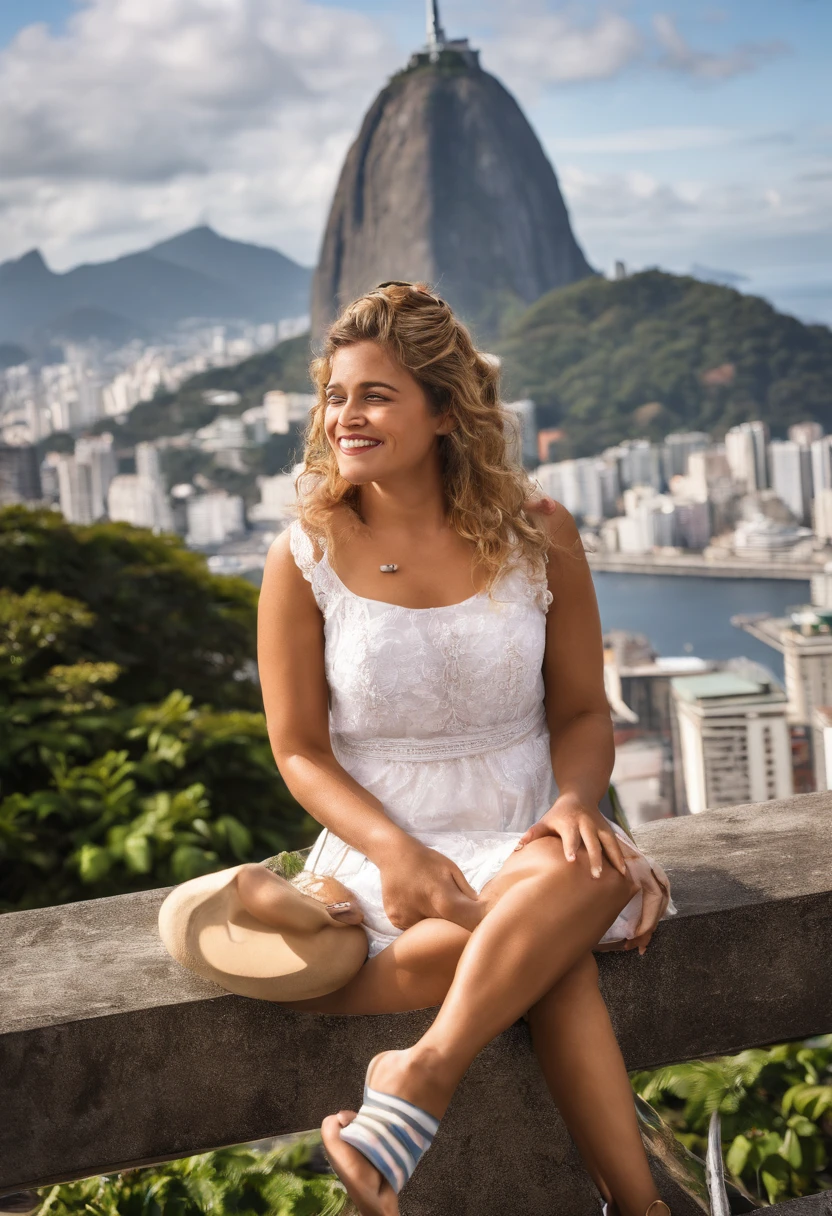 Imagine a young blonde couple on a romantic boat trip through Guanabara Bay in Rio de Janeiro. They've got the boat all to themselves, gliding gently through the calm waters. The sun shines in the sky, criando um brilho dourado sobre a cidade. Every moment is filled with romance, enquanto o casal se aconchega sob um cobertor, enjoying the stunning scenery of Sugarloaf Mountain and Christ the Redeemer in the background. They share laughter and intimate conversations, aproveitando a privacidade e a serenidade do momento. Love blooms as they embrace, Celebrating the special connection they have with each other.