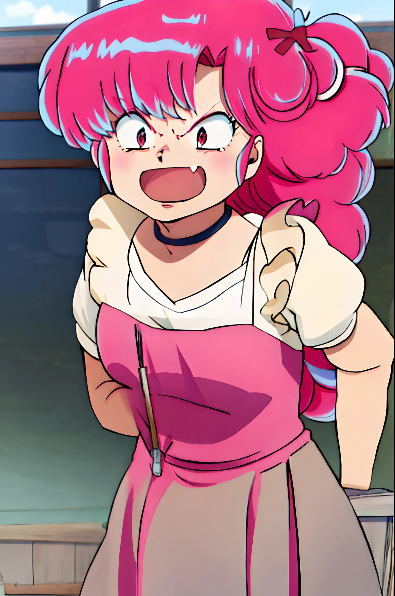 UruRan, 1girl, dress, smile, rage, sharpteeth, open mouth, fang, pure rage