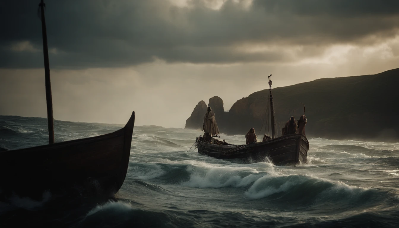 uma tempestade em alto mar. um barco da antiguidade, From the Old Testament of the Bible.