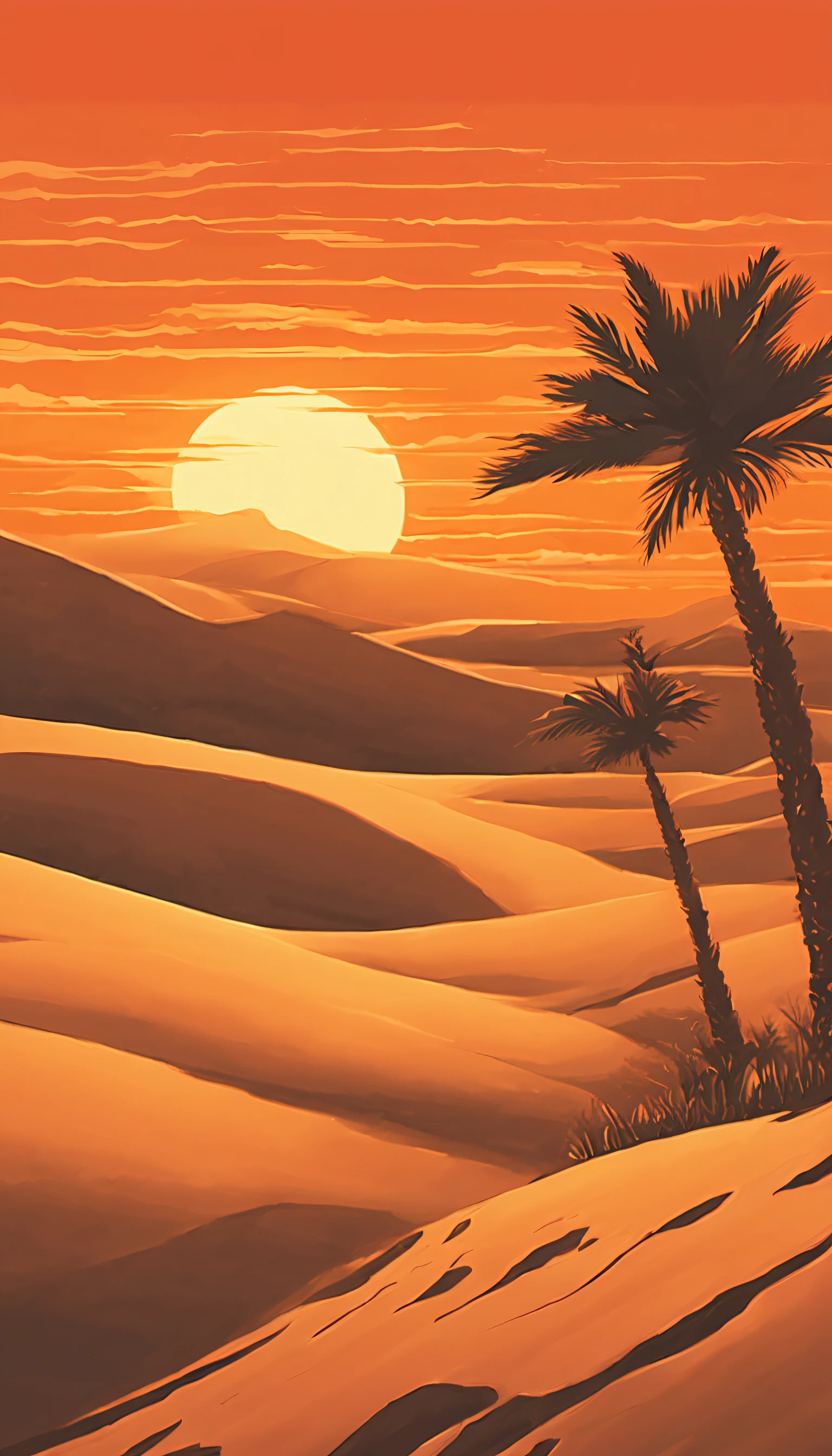 In an arid desert, the scorching sun paints the sky orange as undulating sand dunes stretch into infinity. A single lone palm tree provides shade, where Hagar and her son Ishmael seek shelter, representing the story of Genesis 16.