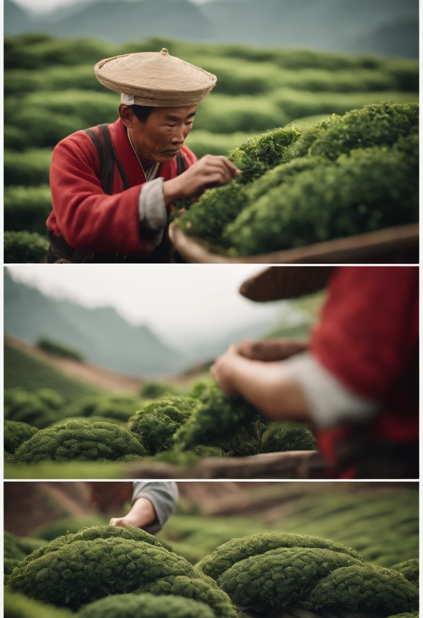 wool plushie art and animation style. A tea farmer working a tea field in ancient China. Photorealistic