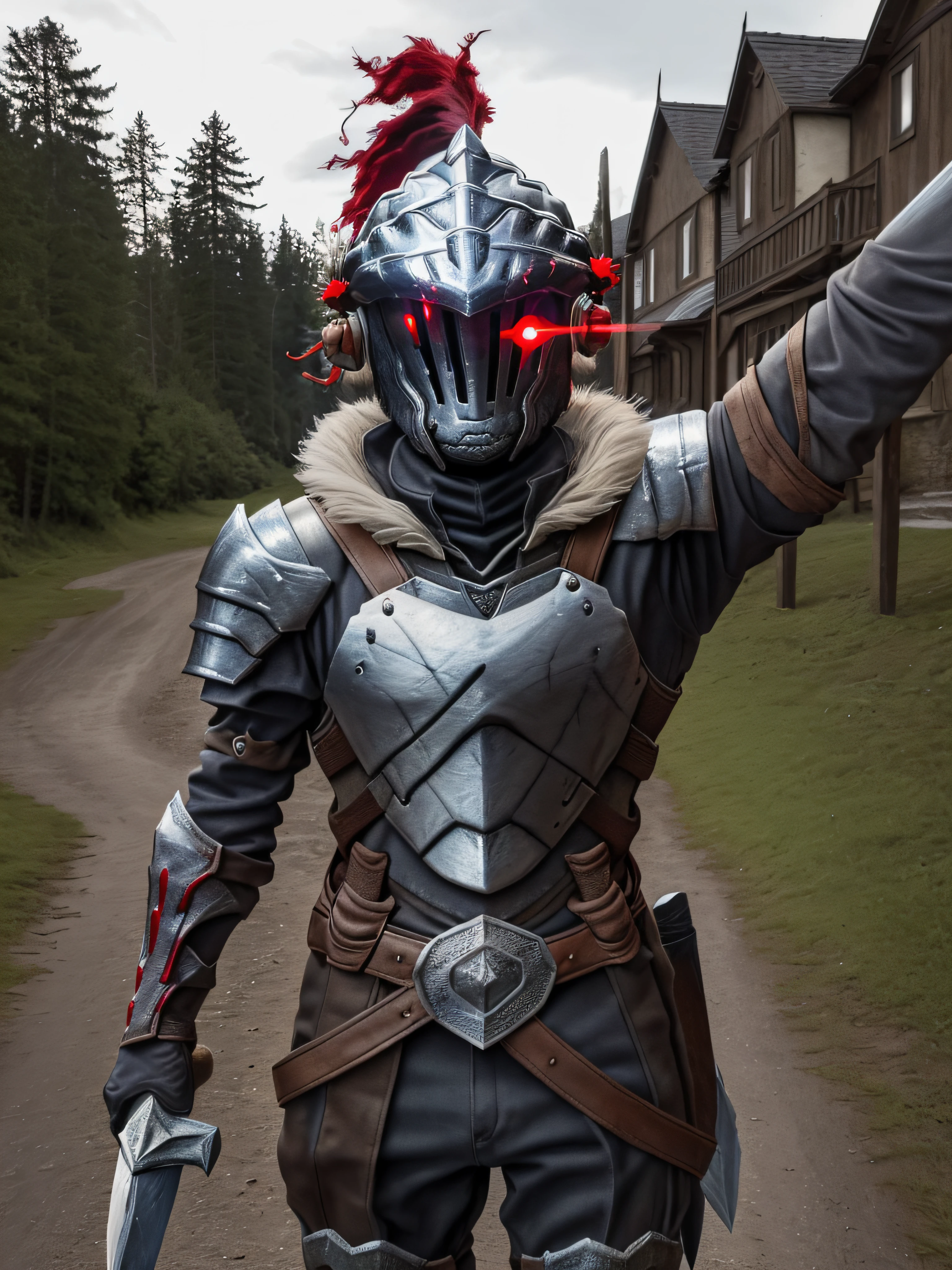 high quality, best quality, masterpiece, solo, 1boy, goblin slayer, armor, helmet, glowing eye, plume, fur collar, (greatsword:1.4), (arm behind head:1.3), looking at viewer, outdoors, path