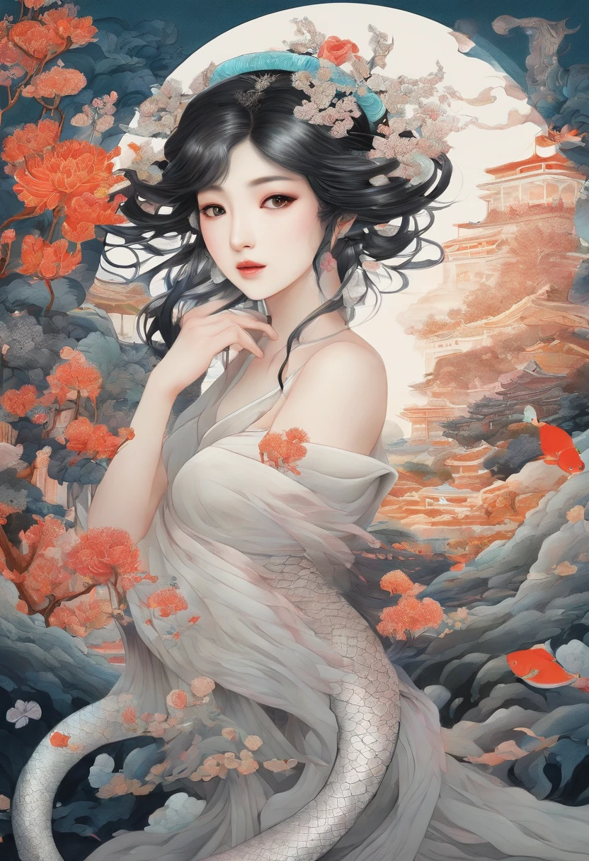 ultra-realistic image, white colors, HD image, Mythology, dynamic poses, Chinese Woman, human, long black hair, (mermaid), (snake tail), scales texture, bright lighting, the image is sharp, meticulous details, Chinese painting style, Shui Mo Hua, Thangka Style, aesthetics, Beautiful image, depth of field, centered on canvas