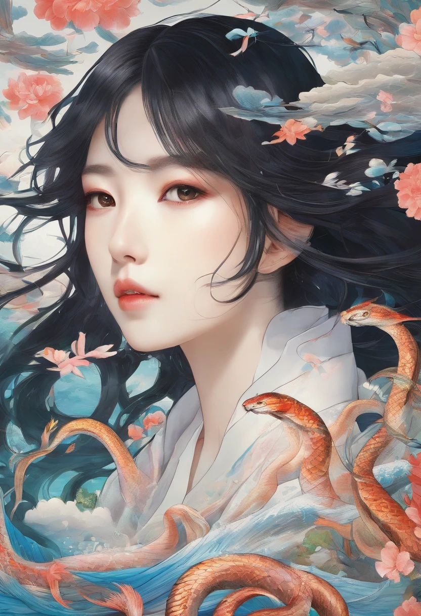 ultra-realistic image, white colors, HD image, Mythology, dynamic poses, Chinese Woman, human, long black hair, (mermaid), (snake tail), scales texture, bright lighting, the image is sharp, meticulous details, Chinese painting style, Shui Mo Hua, Thangka Style, aesthetics, Beautiful image, depth of field, centered on canvas