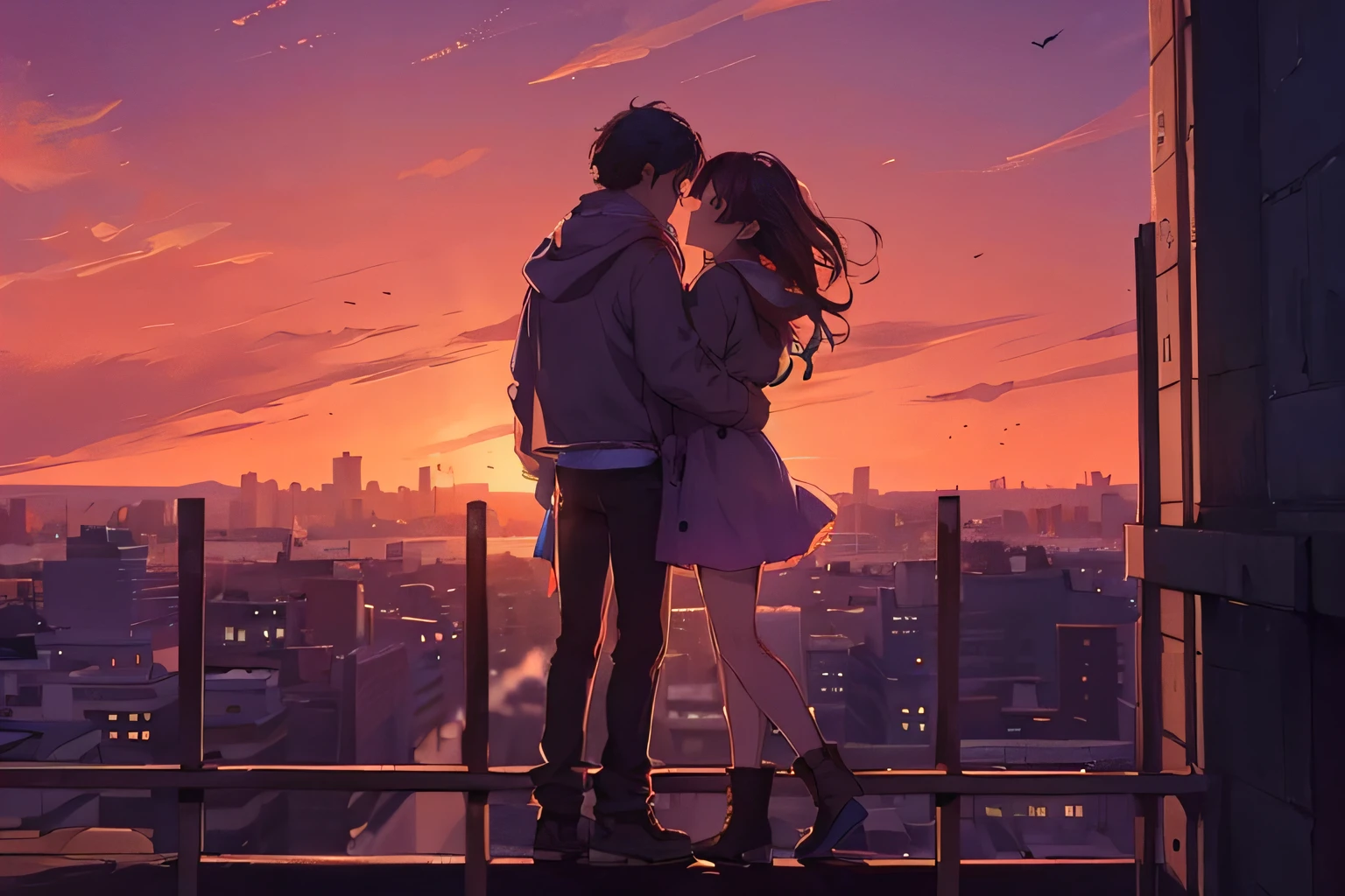 A man and a woman kissing, Puesta de sol de la ciudad,romantic ambiente,Momento cautivador,Dramatic lighting,Paisaje urbano,Abrazo apasionado,Amor en el aire,Romance urbano,colores vibrantes,Silueta de edificios,romantic ambiente, Horizonte de la ciudad,Pareja enamorada,gesto afectuoso,hermosos colores de la puesta de sol,Romantic Setting,Luces de la ciudad que se reflejan en el agua,Escena conmovedora,Intimate connection,Amantes bajo el cielo,aliento,Romantic silhouette of a couple, Warm afternoon glow,susurrando dulces nadas,Paisaje urbano al atardecer,Momento de felicidad,Romantic getaway,Momento sincero de amor,Serenata urbana,Reflejo del amor en la ciudad,romantic ambiente,Encantadora vista de la ciudad,Love and passion in the city, resplandor del atardecer iluminando sus rostros,Amor que trasciende el ajetreo y el bullicio de la ciudad,Momento sereno en medio del caos urbano,Eternal love amidst the vibrant energy of the city,abrazo bajo el cielo pintado,Beso inolvidable al atardecer. (La mejor calidad,4k,8k,high resolusion,Obra maestra:1.2),Ultra detallado,(realista,fotorrealista,fotorrealista:1.37),HDR,UHD,Studio lighting,Pintura ultrafina,foco nítido,Physics-based rendering,Extreme detail rendering,profesional,vivid colors,Bokeh,Retratos,Paisaje urbano