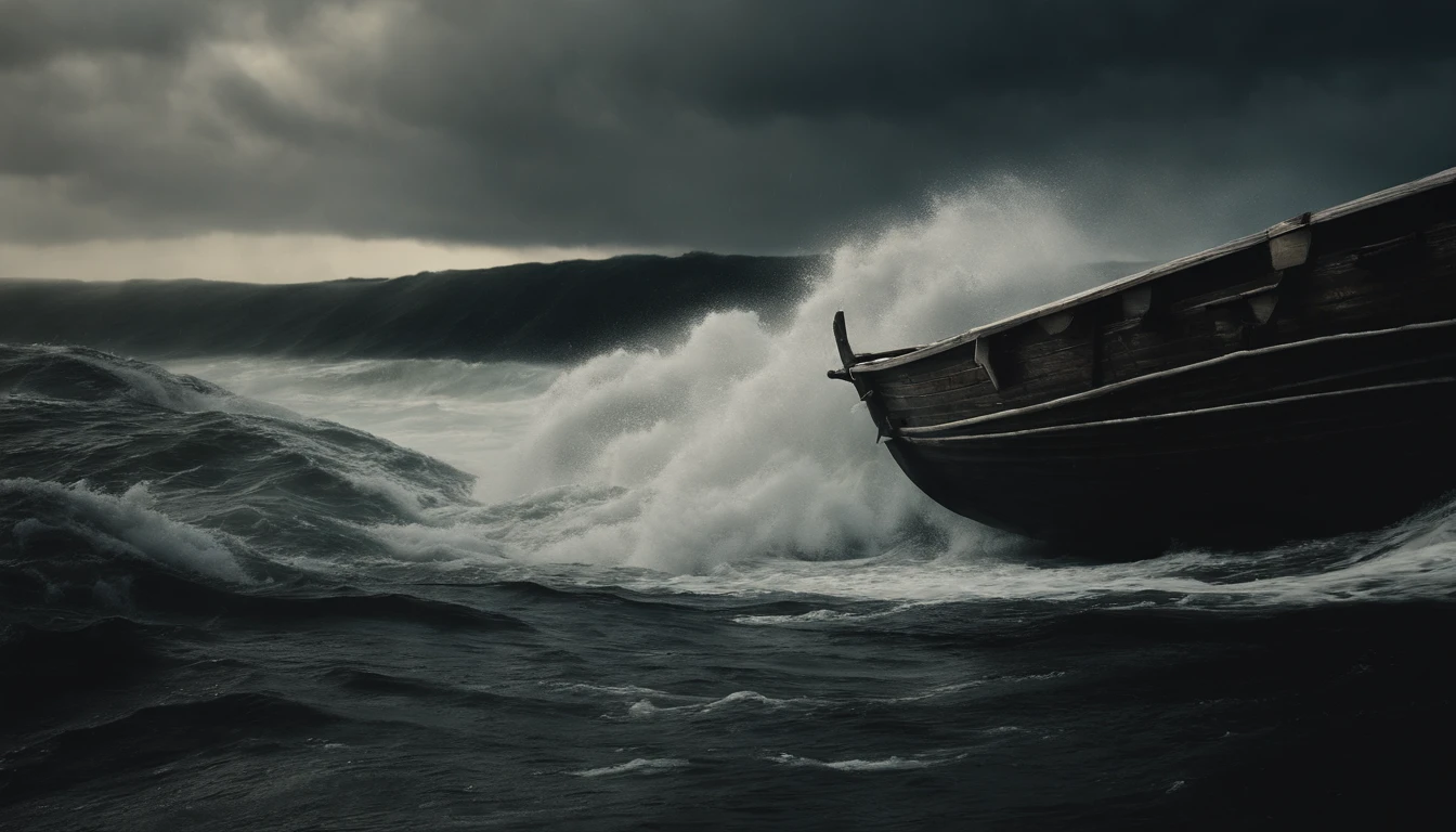 uma tempestade em alto mar. nuvens escuras, muita chuva e raios, ondas grandes, um barco da antiguidade, From the Old Testament of the Bible.
